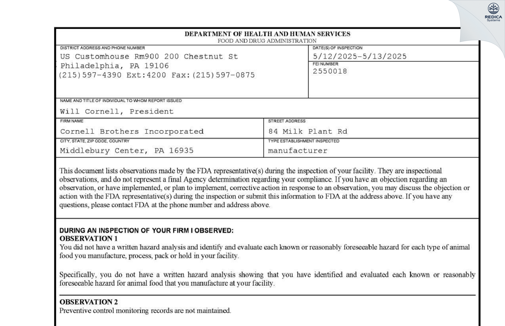 FDA 483 - Cornell Brothers Incorporated [Middlebury Center / United States of America] - Download PDF - Redica Systems