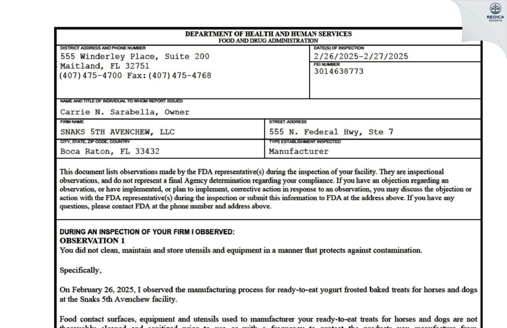 FDA 483 - Snaks 5th Avenchew LLC [Boca Raton / United States of America] - Download PDF - Redica Systems