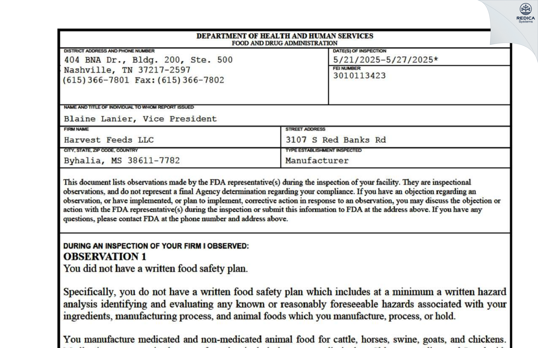 FDA 483 - Harvest Feeds LLC [Byhalia / United States of America] - Download PDF - Redica Systems