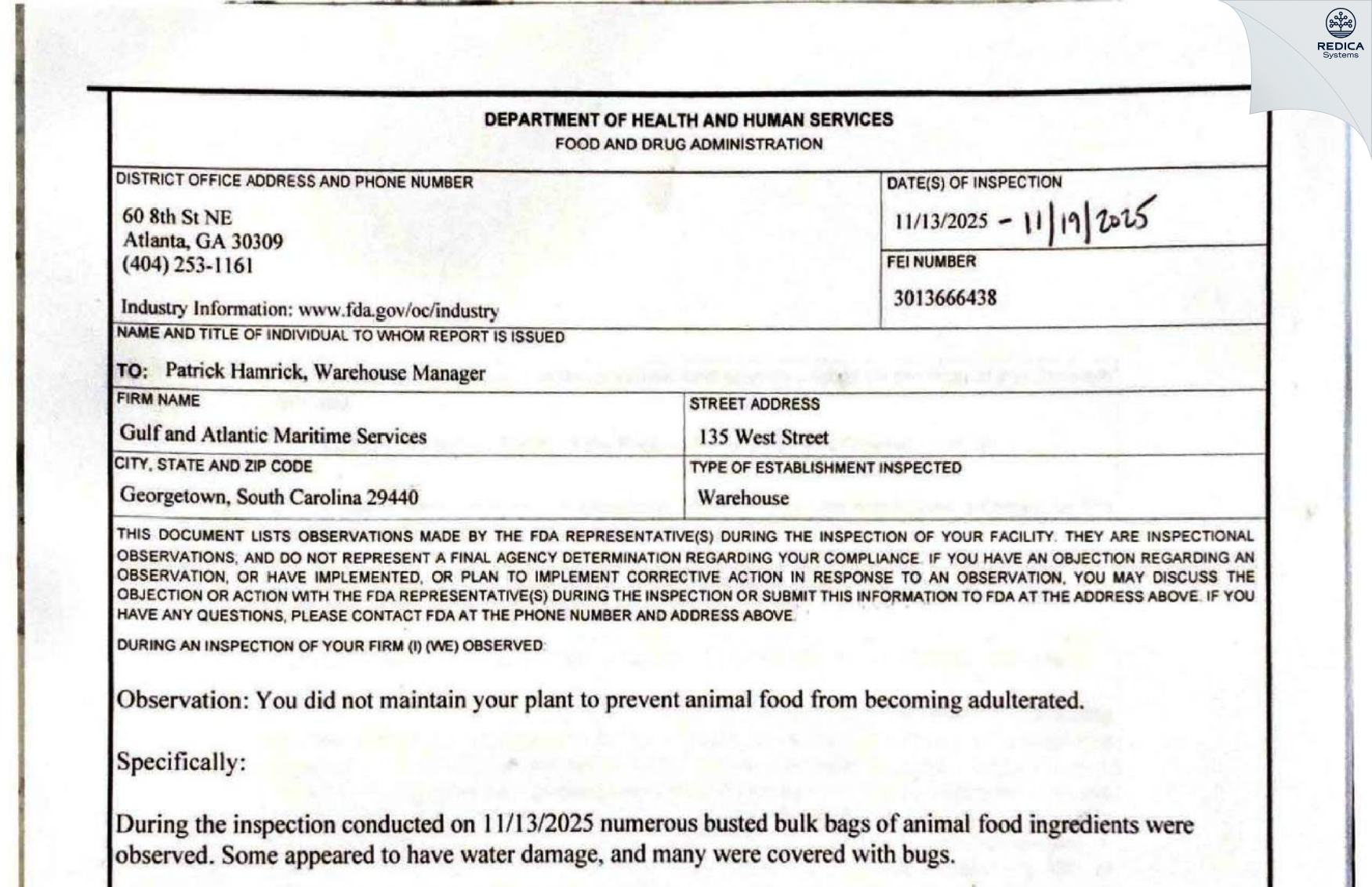 FDA 483 - Gulf and Atlantic Maritime Services LLC [Georgetown / United States of America] - Download PDF - Redica Systems