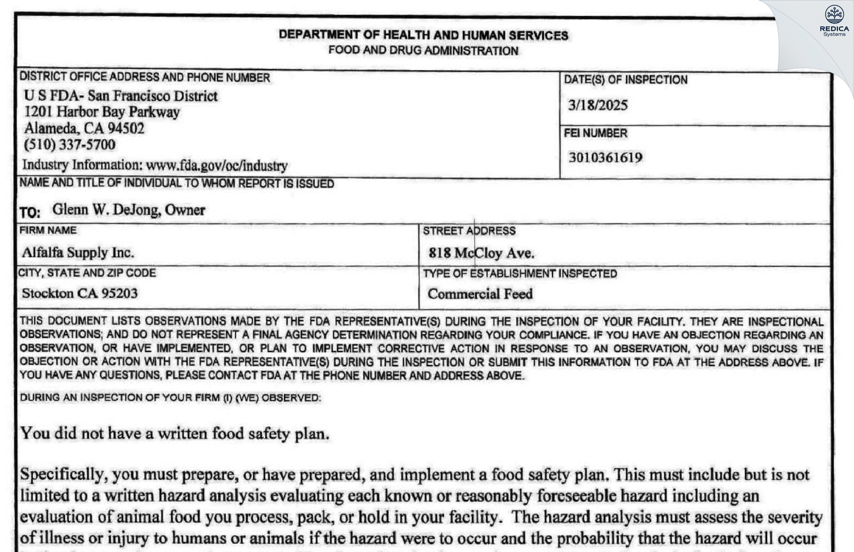 FDA 483 - Alfalfa Supply, Inc. [Stockton / United States of America] - Download PDF - Redica Systems