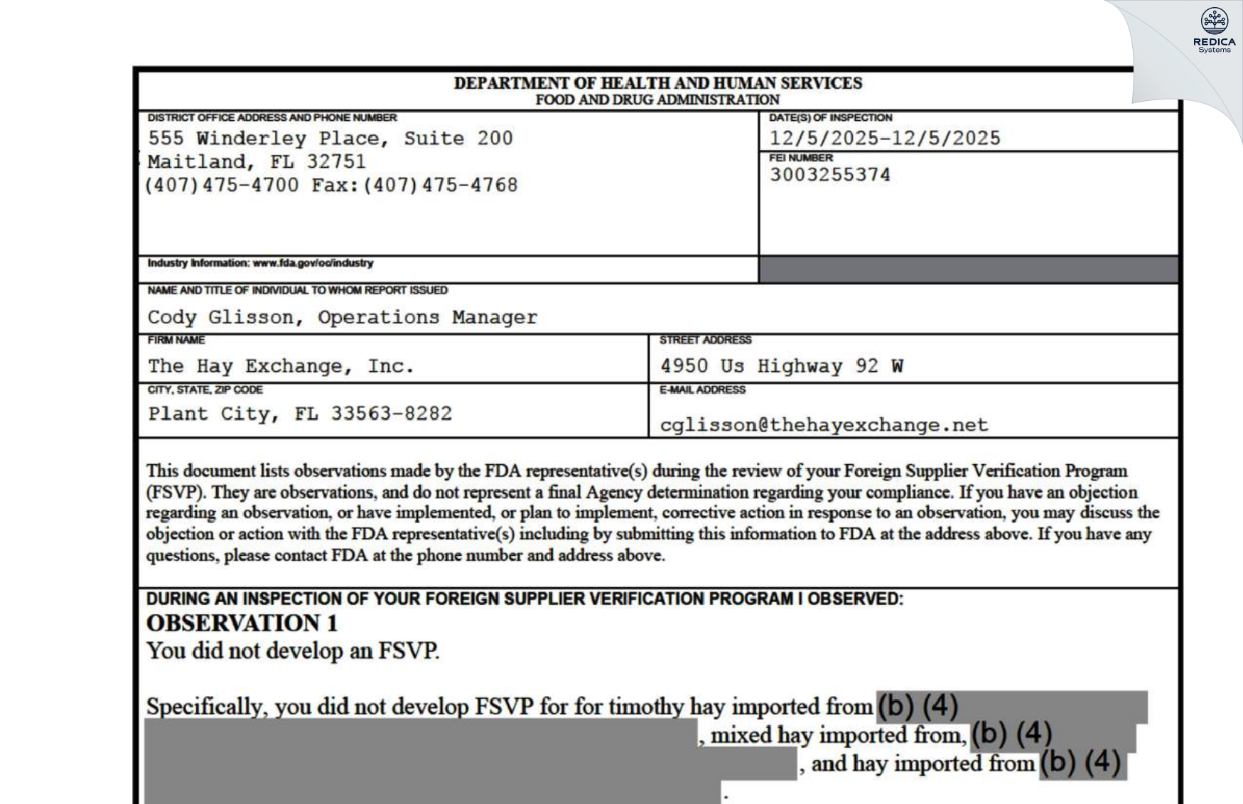 FDA 483 - The Hay Exchange, Inc. [Plant City / United States of America] - Download PDF - Redica Systems