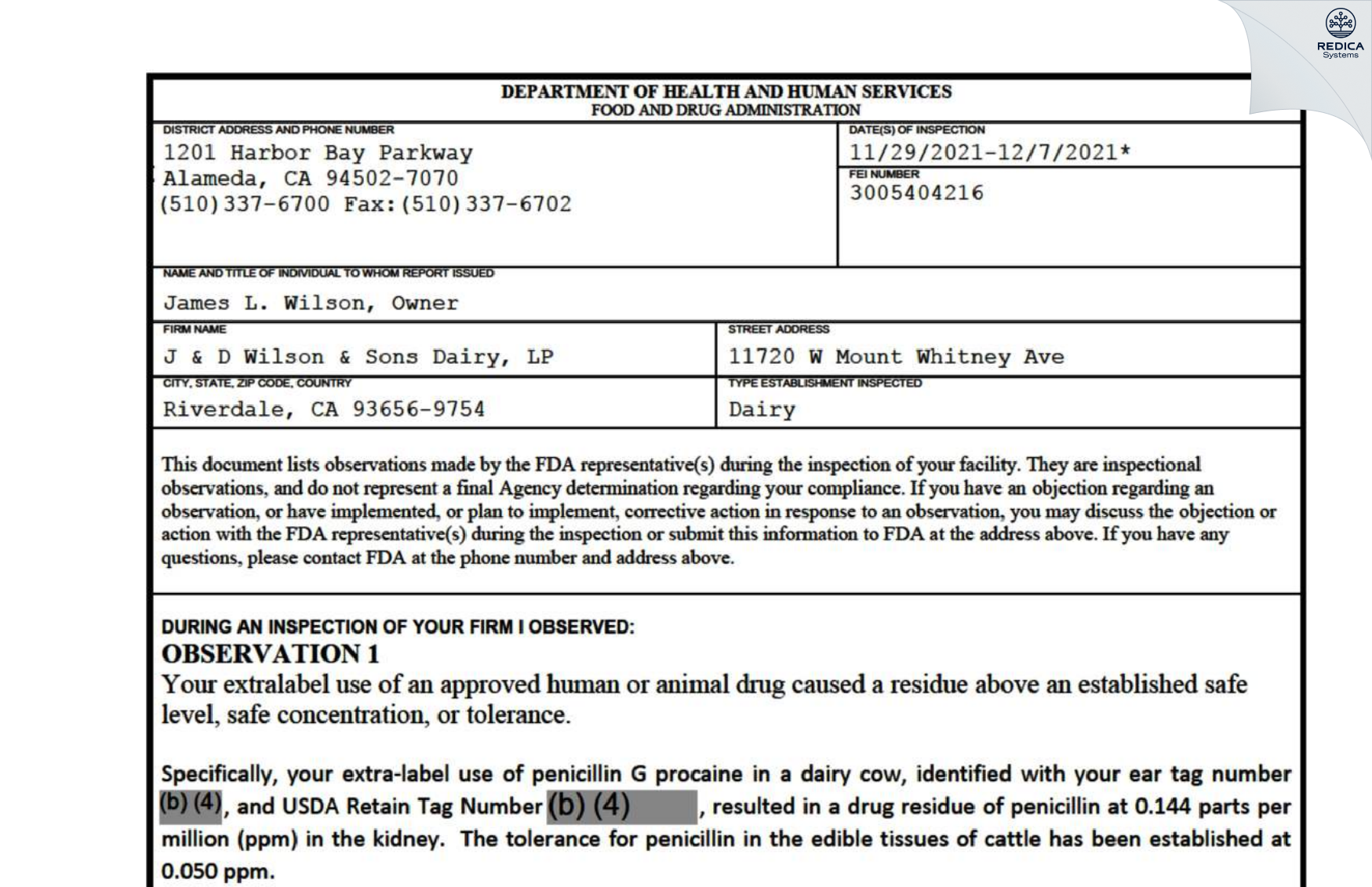 FDA 483 - J & D Wilson & Sons Dairy, LP [Riverdale / United States of America] - Download PDF - Redica Systems