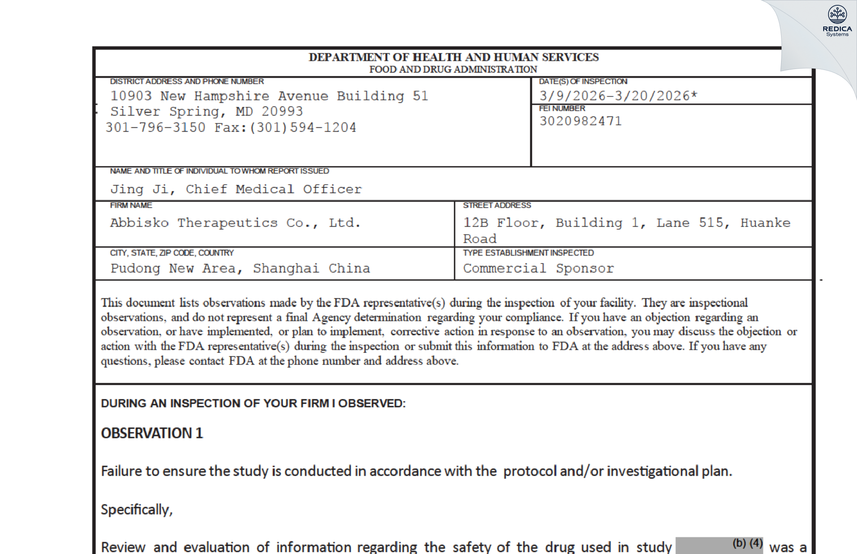 FDA 483 - Abbisko Therapeutics Co., Ltd. [Pudong / China] - Download PDF - Redica Systems