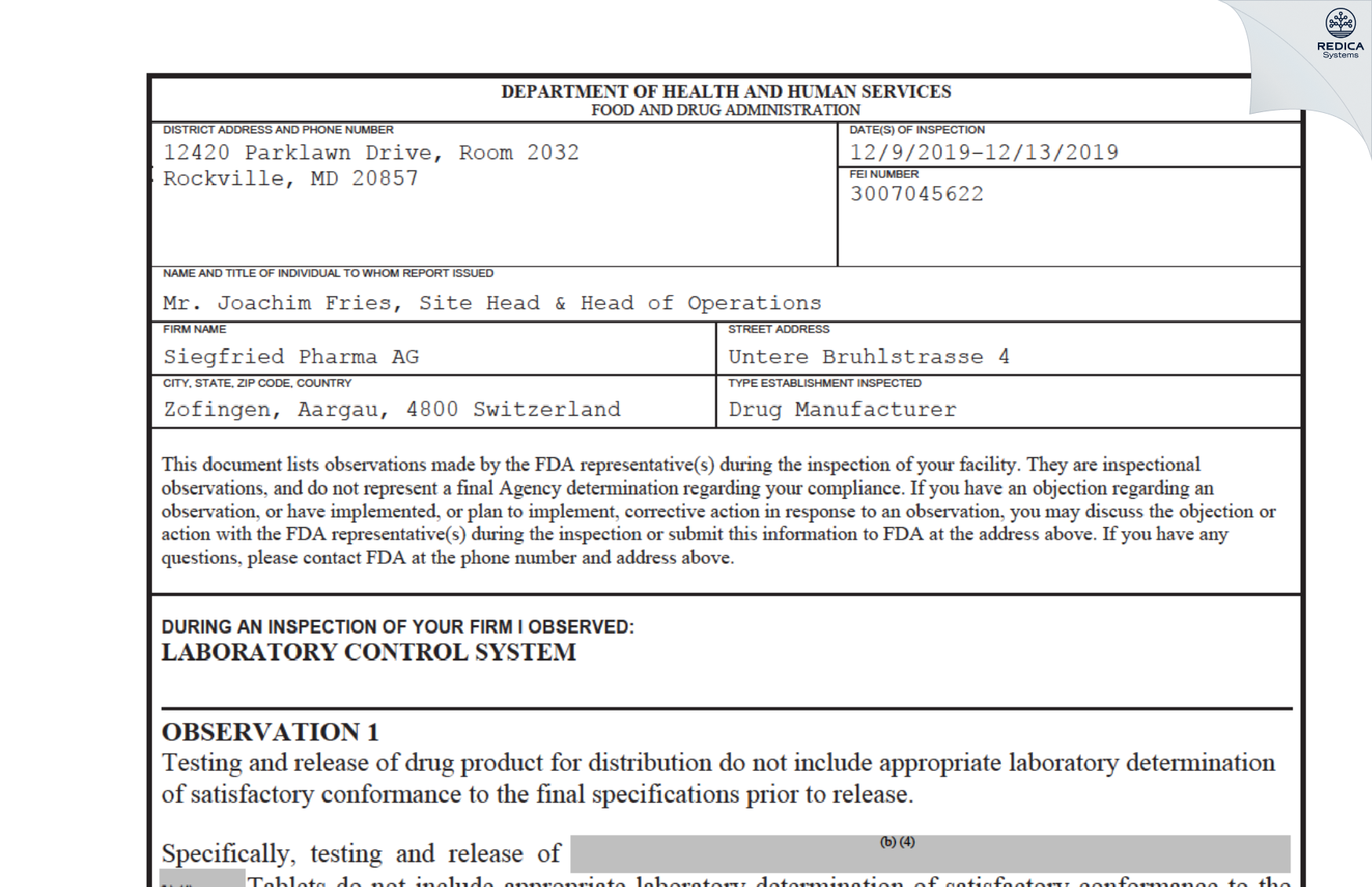 FDA 483 - Siegfried Pharma AG [Zofingen / Switzerland] - Download PDF - Redica Systems