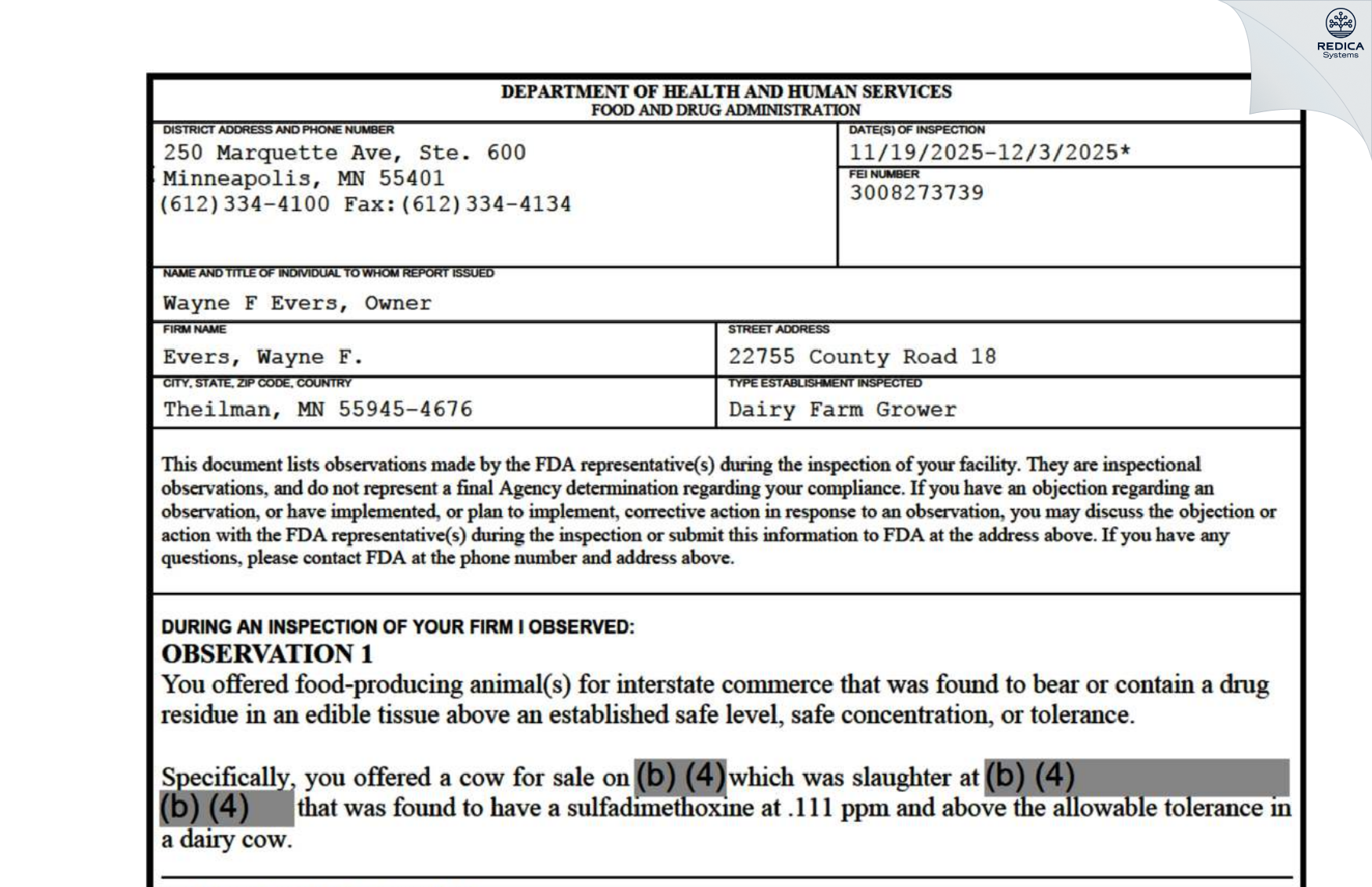 FDA 483 - Evers, Wayne F. [Kellogg / United States of America] - Download PDF - Redica Systems