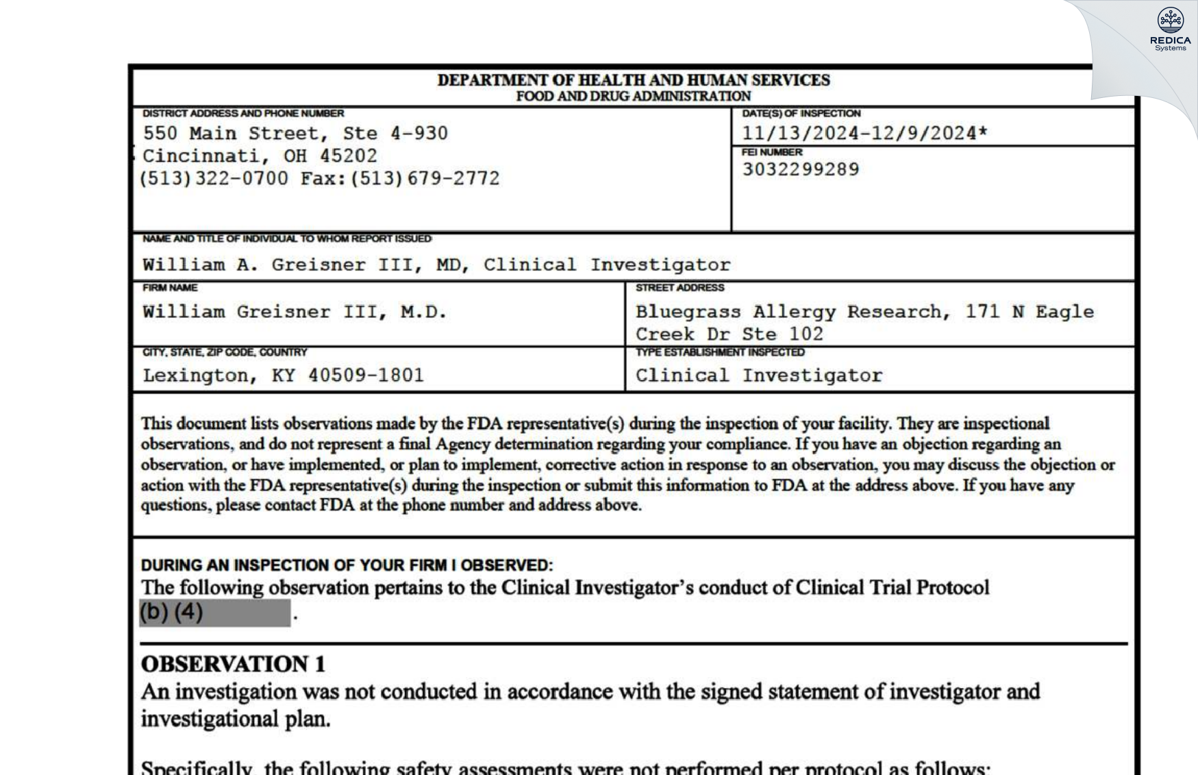 FDA 483 - William Greisner III, M.D. [Lexington / United States of America] - Download PDF - Redica Systems