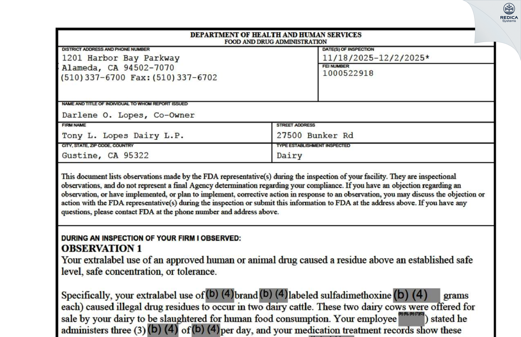 FDA 483 - Tony L. Lopes Dairy L.P. [Gustine / United States of America] - Download PDF - Redica Systems