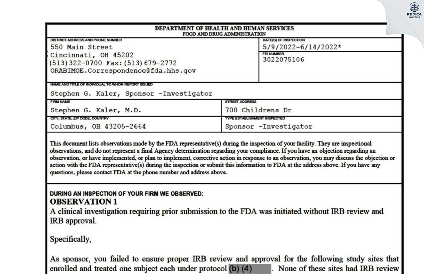 FDA 483 - Stephen G. Kaler, M.D. [Columbus / United States of America] - Download PDF - Redica Systems