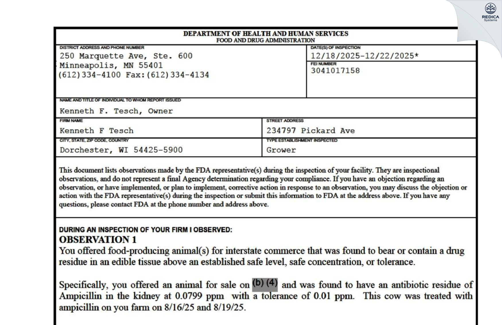 FDA 483 - Kenneth F Tesch [Dorchester / United States of America] - Download PDF - Redica Systems