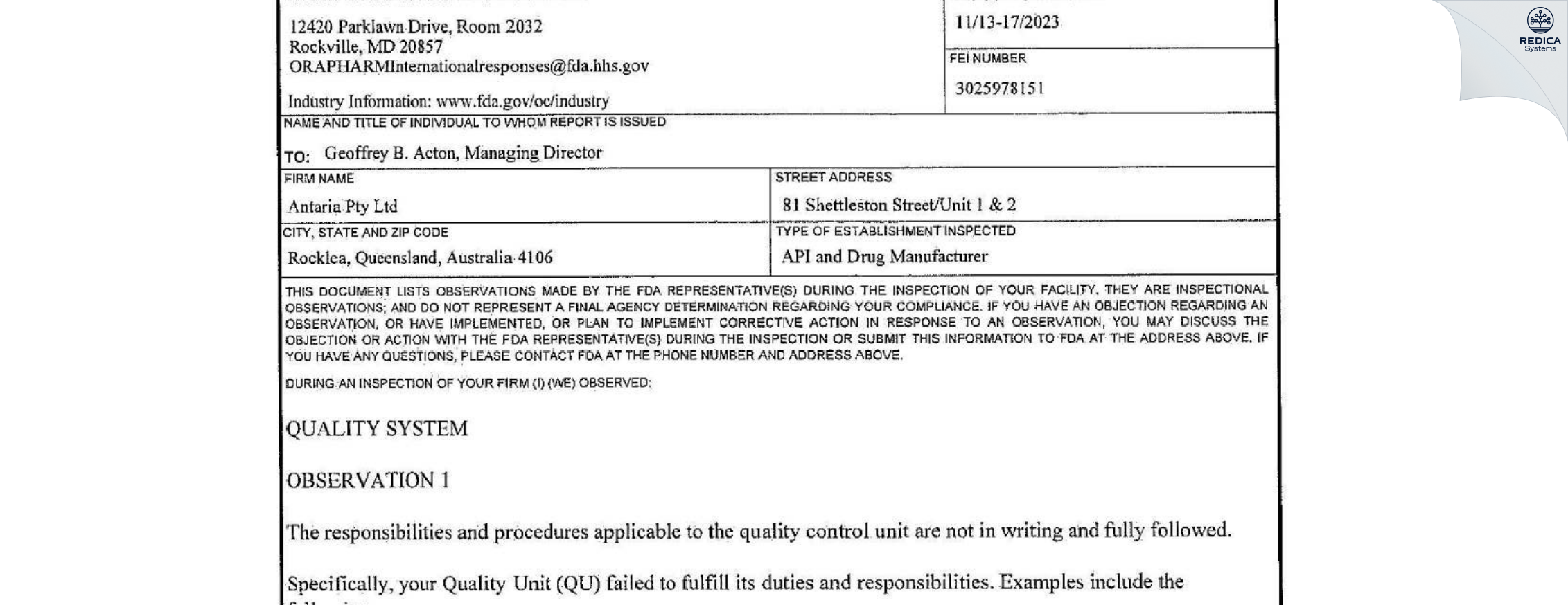 FDA 483 - ADVANCE ZINCTEK LIMITED [Brisbane / Australia] - Download PDF - Redica Systems