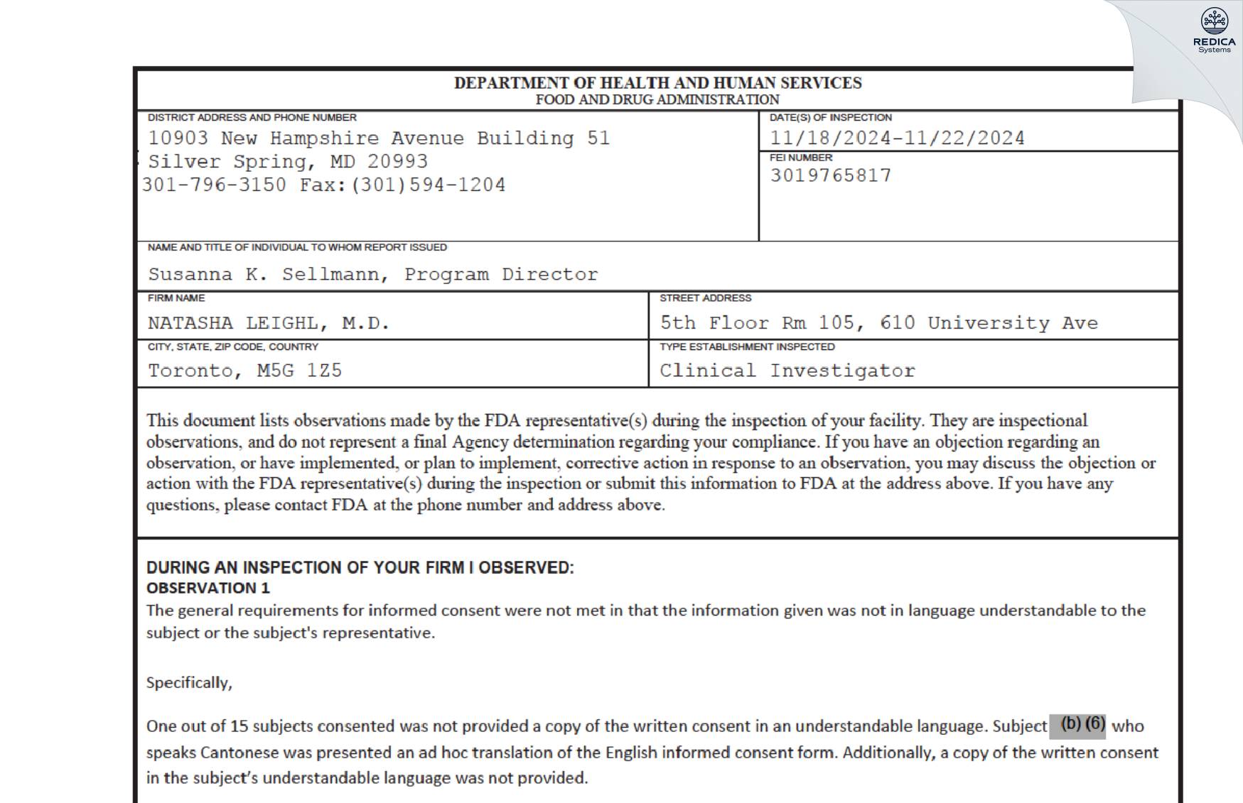 FDA 483 - Natasha Leighl, M.D. [Toronto / Canada] - Download PDF - Redica Systems