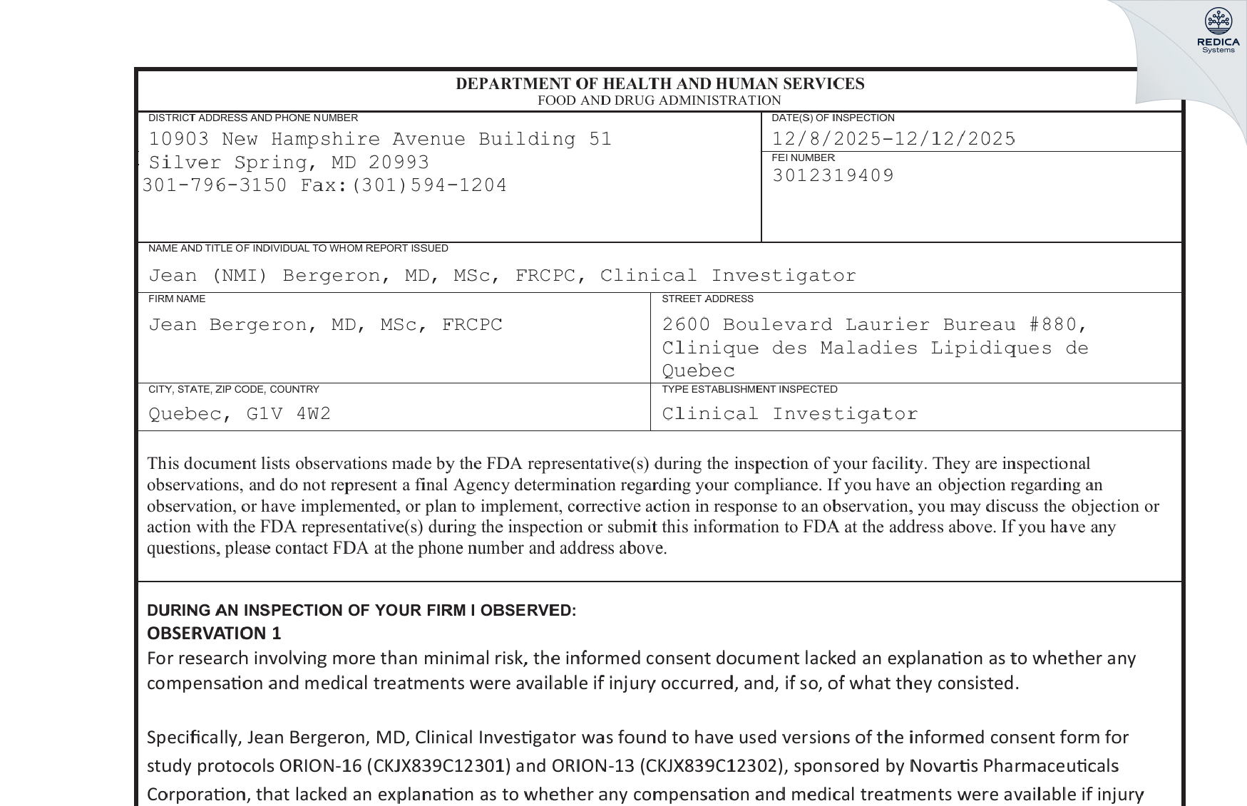 FDA 483 - JEAN BERGERON [Quebec / Canada] - Download PDF - Redica Systems