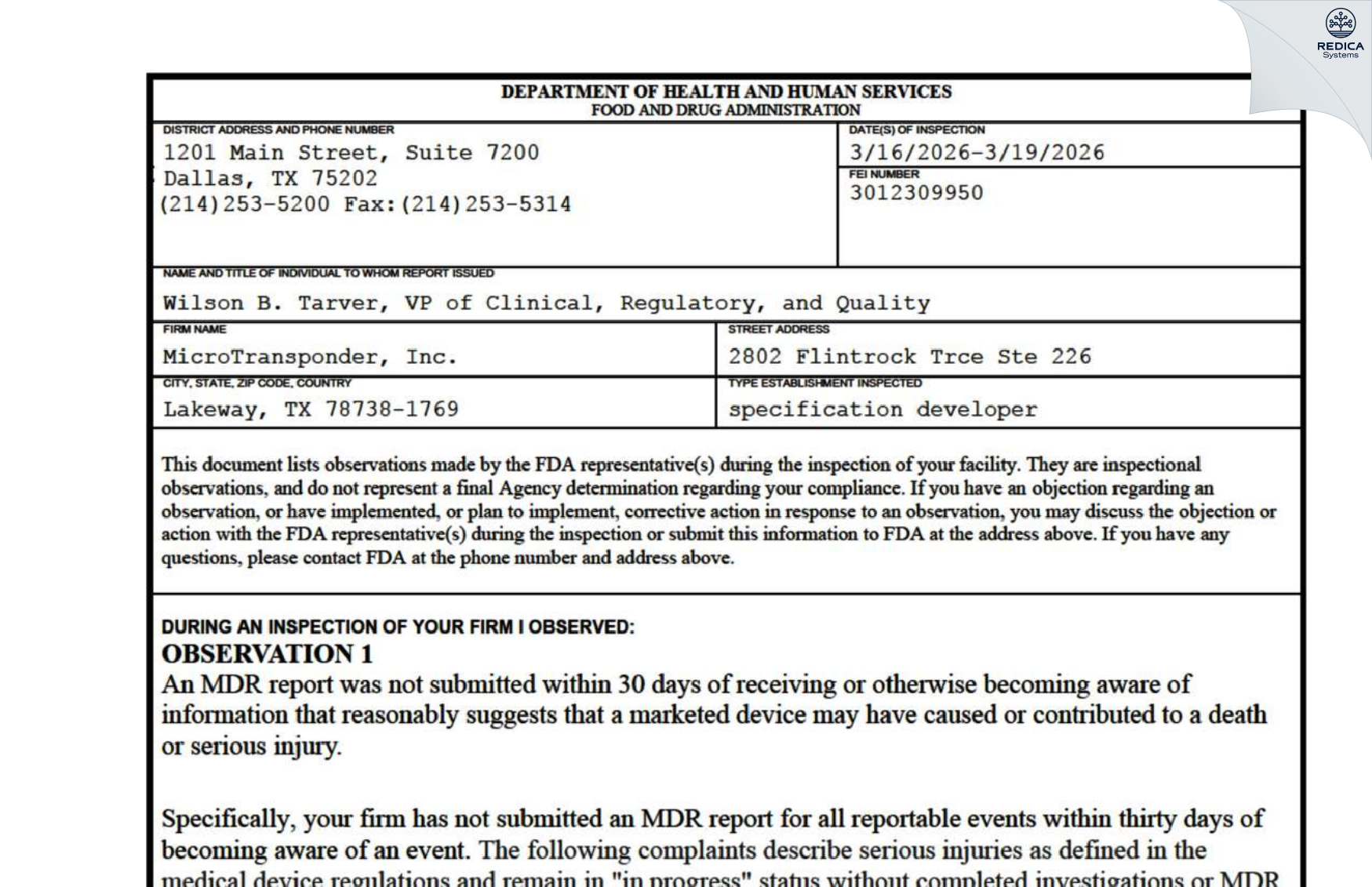 FDA 483 - Microtransponder Inc. [Austin / United States of America] - Download PDF - Redica Systems