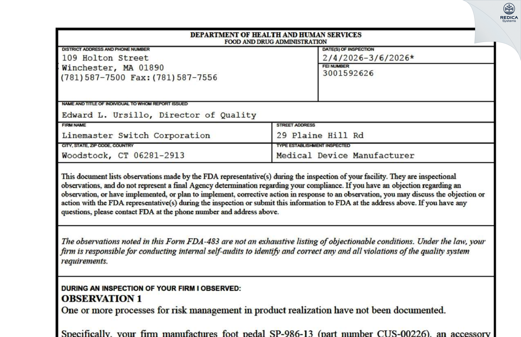 FDA 483 - Linemaster Switch Corporation [Woodstock / United States of America] - Download PDF - Redica Systems