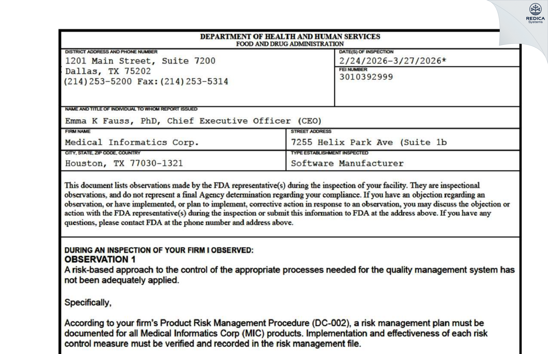FDA 483 - Medical Informatics Corp. [Houston / United States of America] - Download PDF - Redica Systems