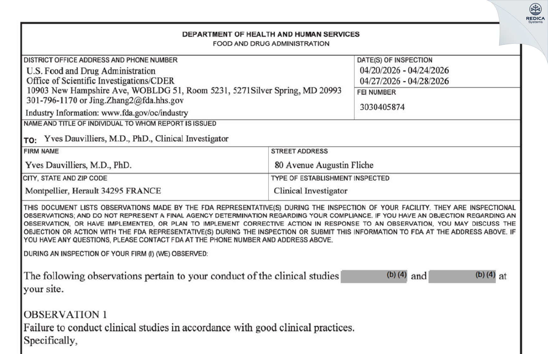FDA 483 - Yves Dauvilliers [Montpellier / France] - Download PDF - Redica Systems