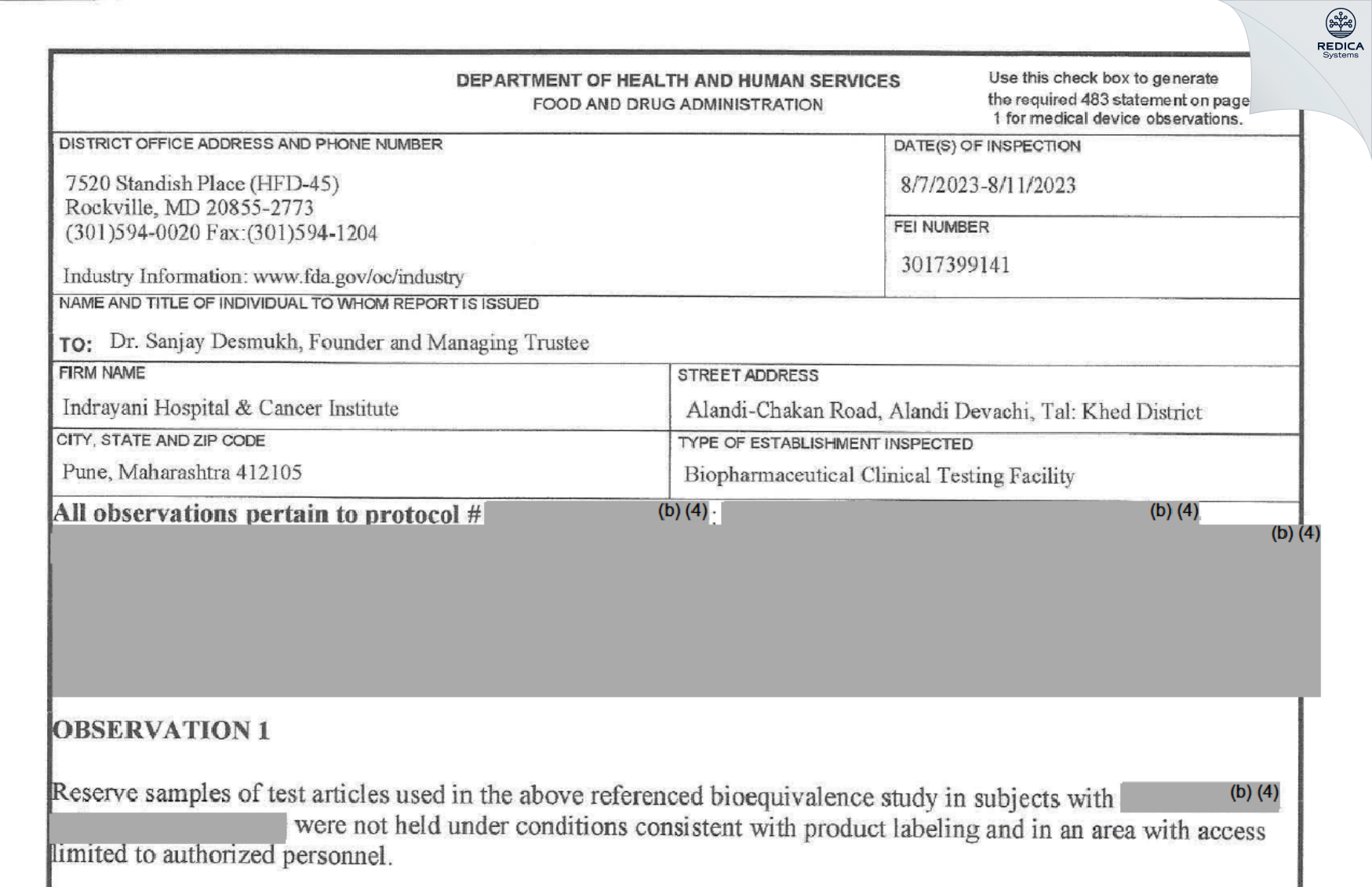 FDA 483 - Indrayani Hospital and Cancer Institute [Alandi-Devachi / India] - Download PDF - Redica Systems