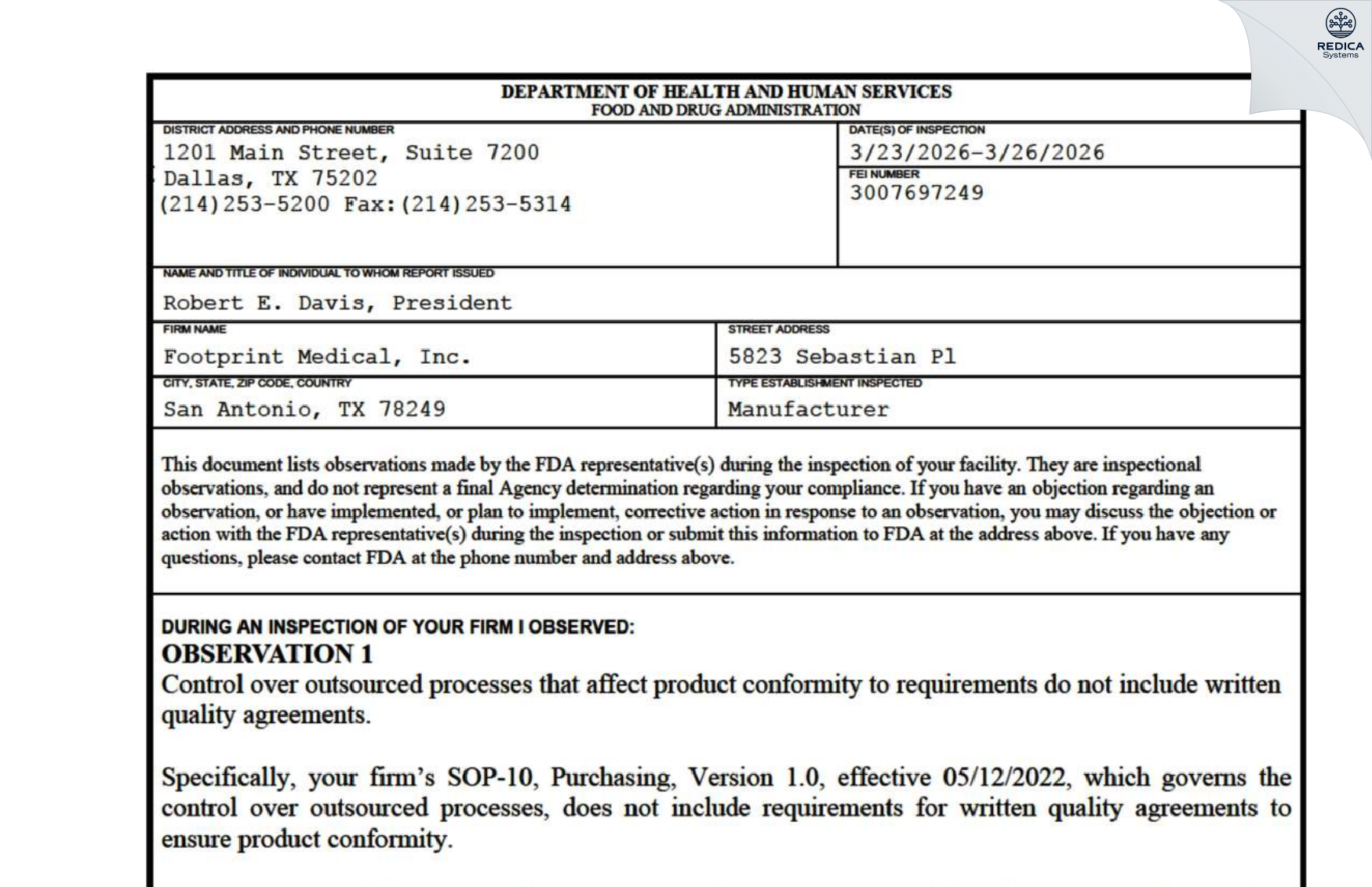 FDA 483 - Footprint Medical, Inc. [San Antonio / United States of America] - Download PDF - Redica Systems