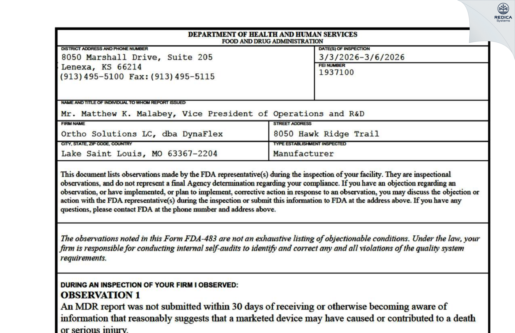 FDA 483 - DynaFlex [Lake Saint Louis / United States of America] - Download PDF - Redica Systems