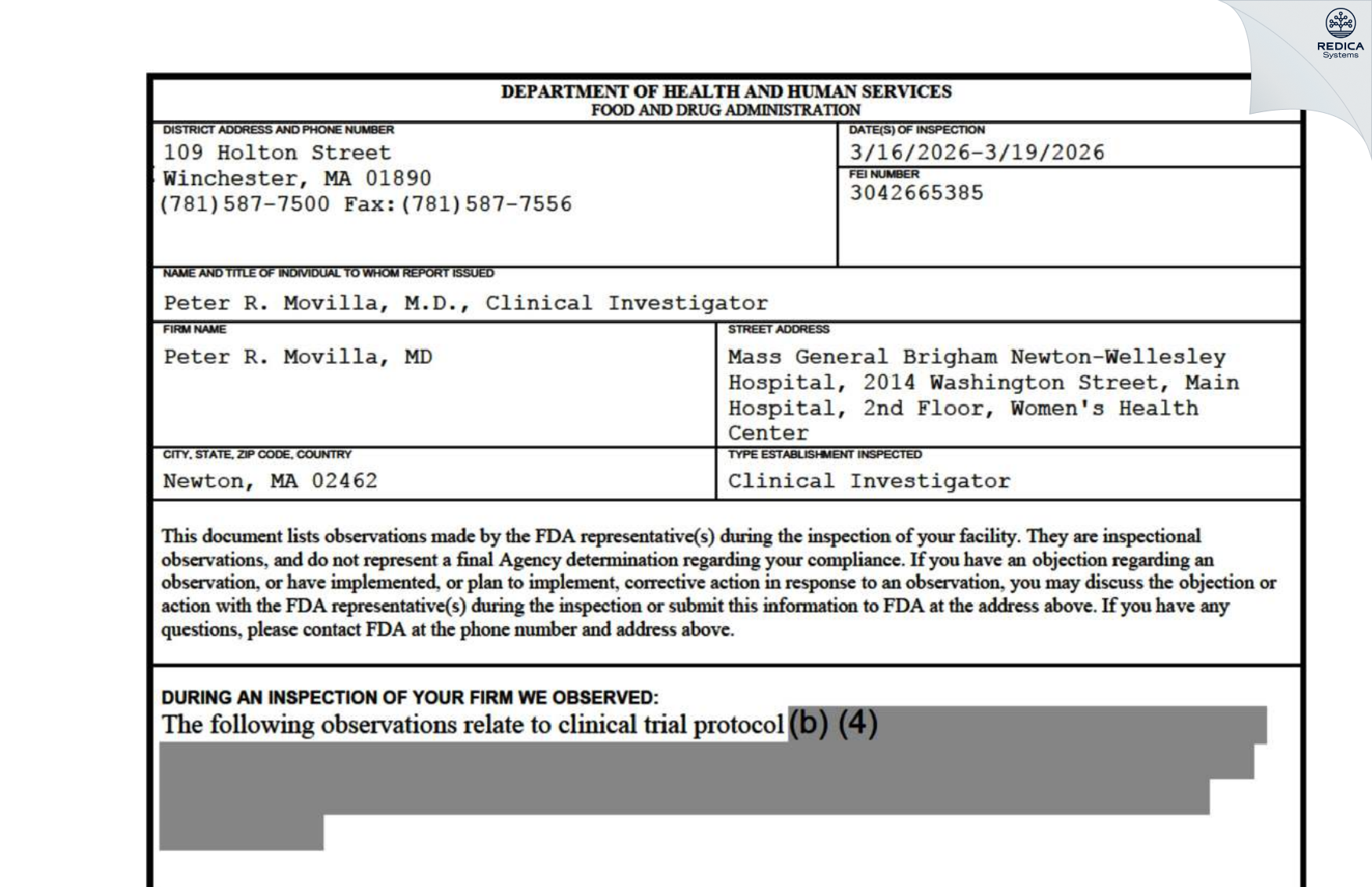 FDA 483 - Peter R. Movilla, MD [Newton Lower Falls / United States of America] - Download PDF - Redica Systems