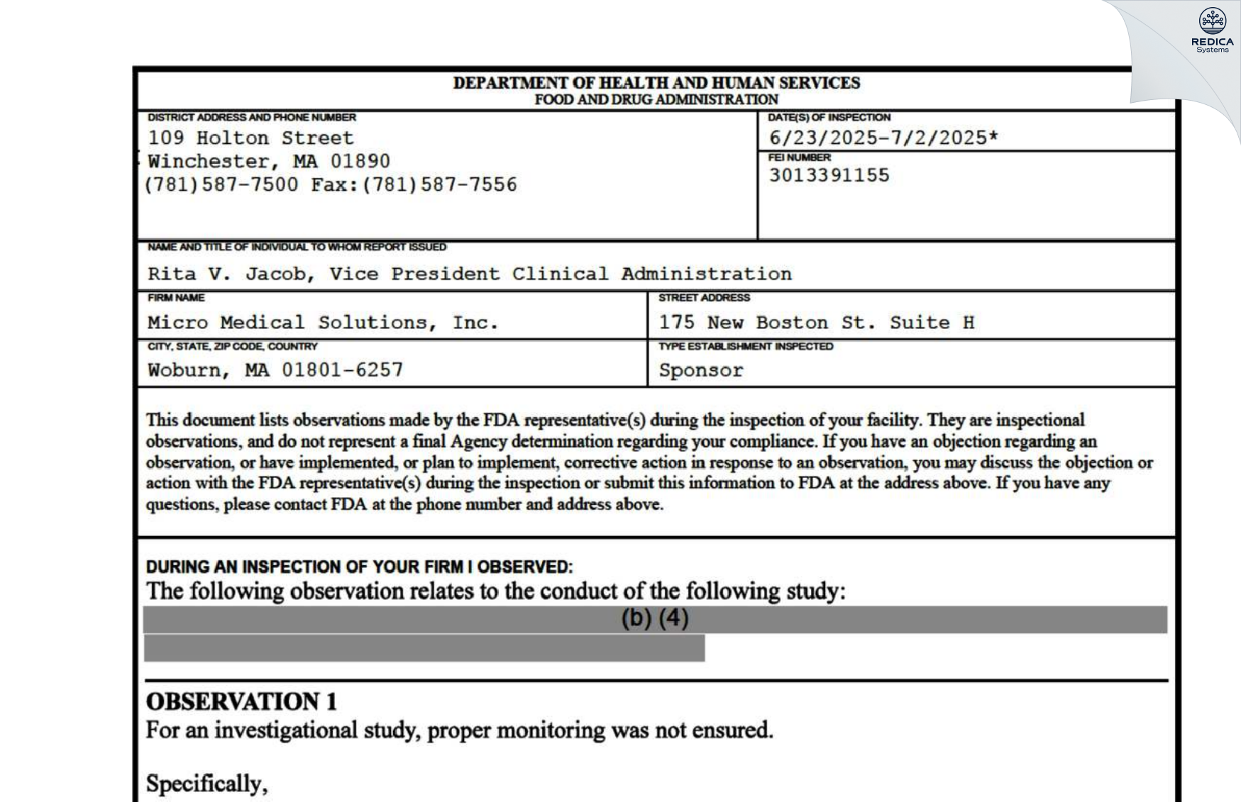 FDA 483 - Micro Medical Solutions, Inc. [Wilmington / United States of America] - Download PDF - Redica Systems