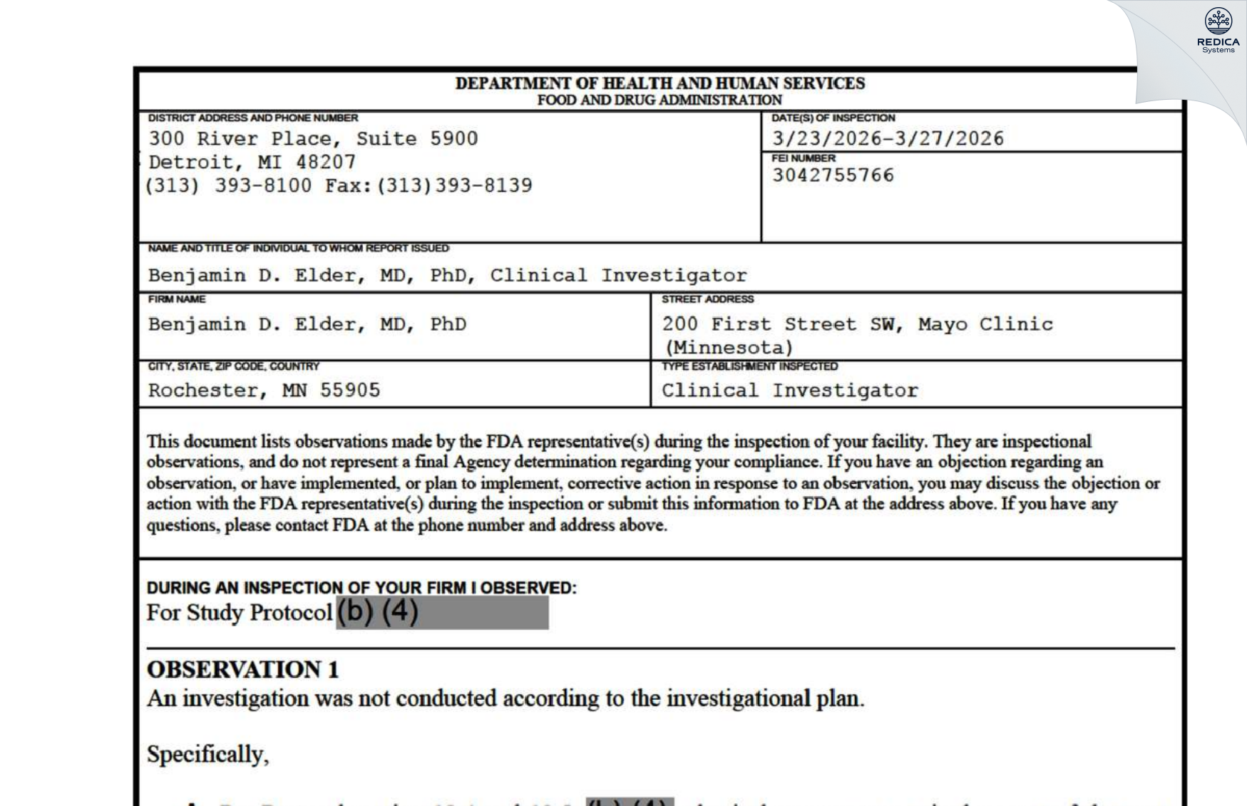 FDA 483 - Benjamin D. Elder, MD, PhD [Rochester / United States of America] - Download PDF - Redica Systems