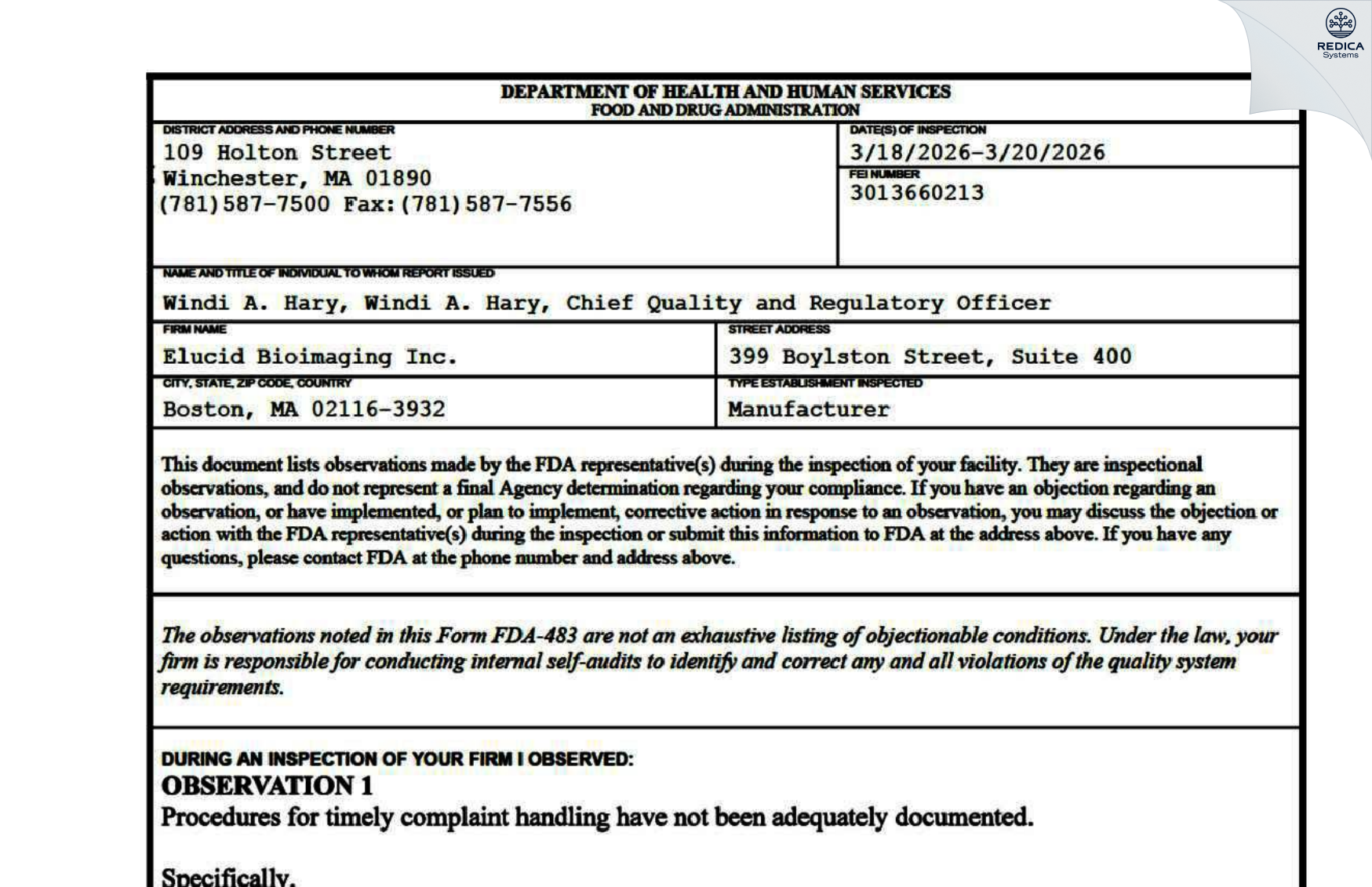 FDA 483 - Elucid Bioimaging Inc. [Wenham / United States of America] - Download PDF - Redica Systems