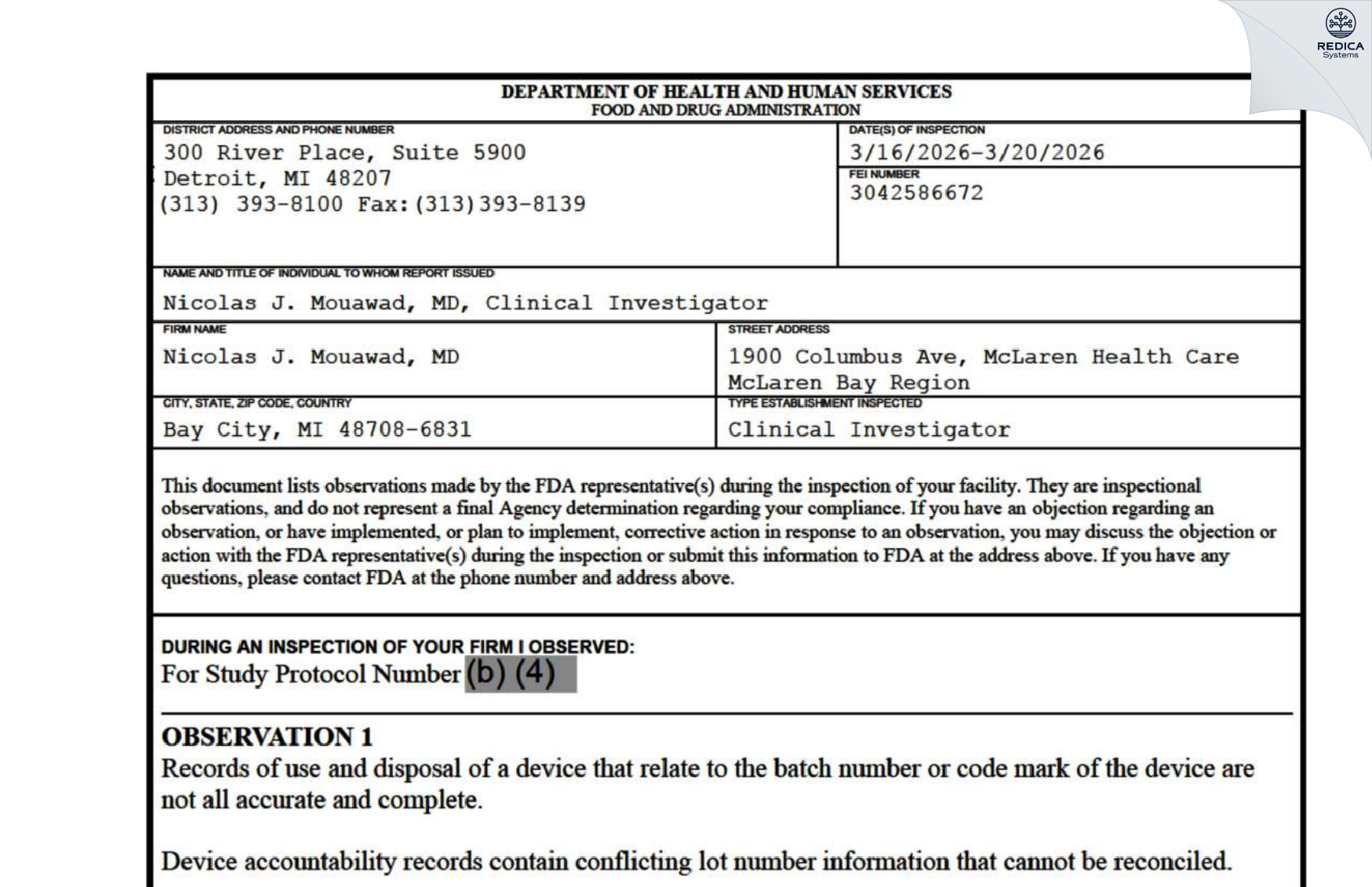 FDA 483 - Nicolas J. Mouawad, MD [Bay City / United States of America] - Download PDF - Redica Systems