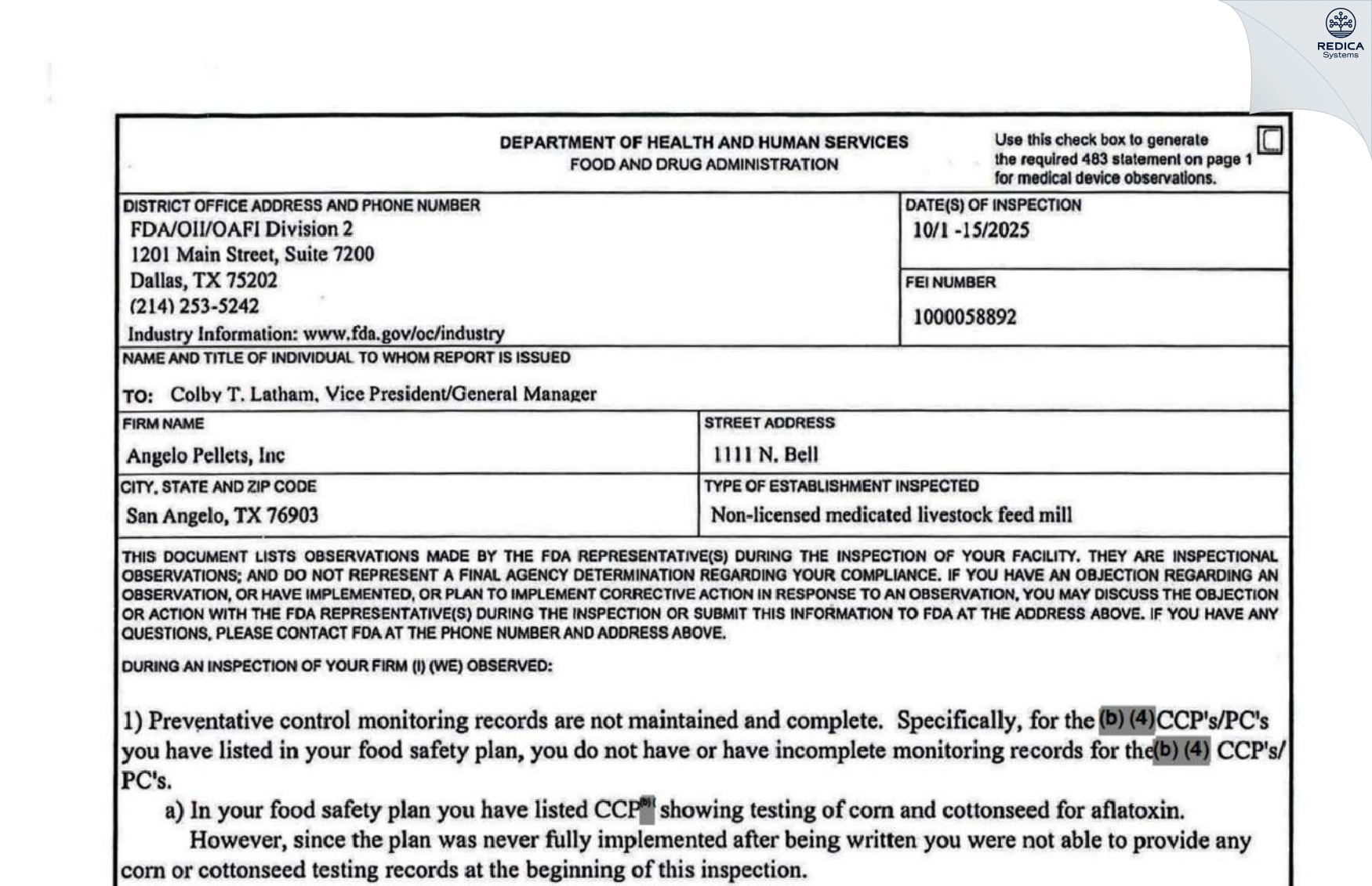 FDA 483 - Angelo Pellets, Inc [San Angelo / United States of America] - Download PDF - Redica Systems