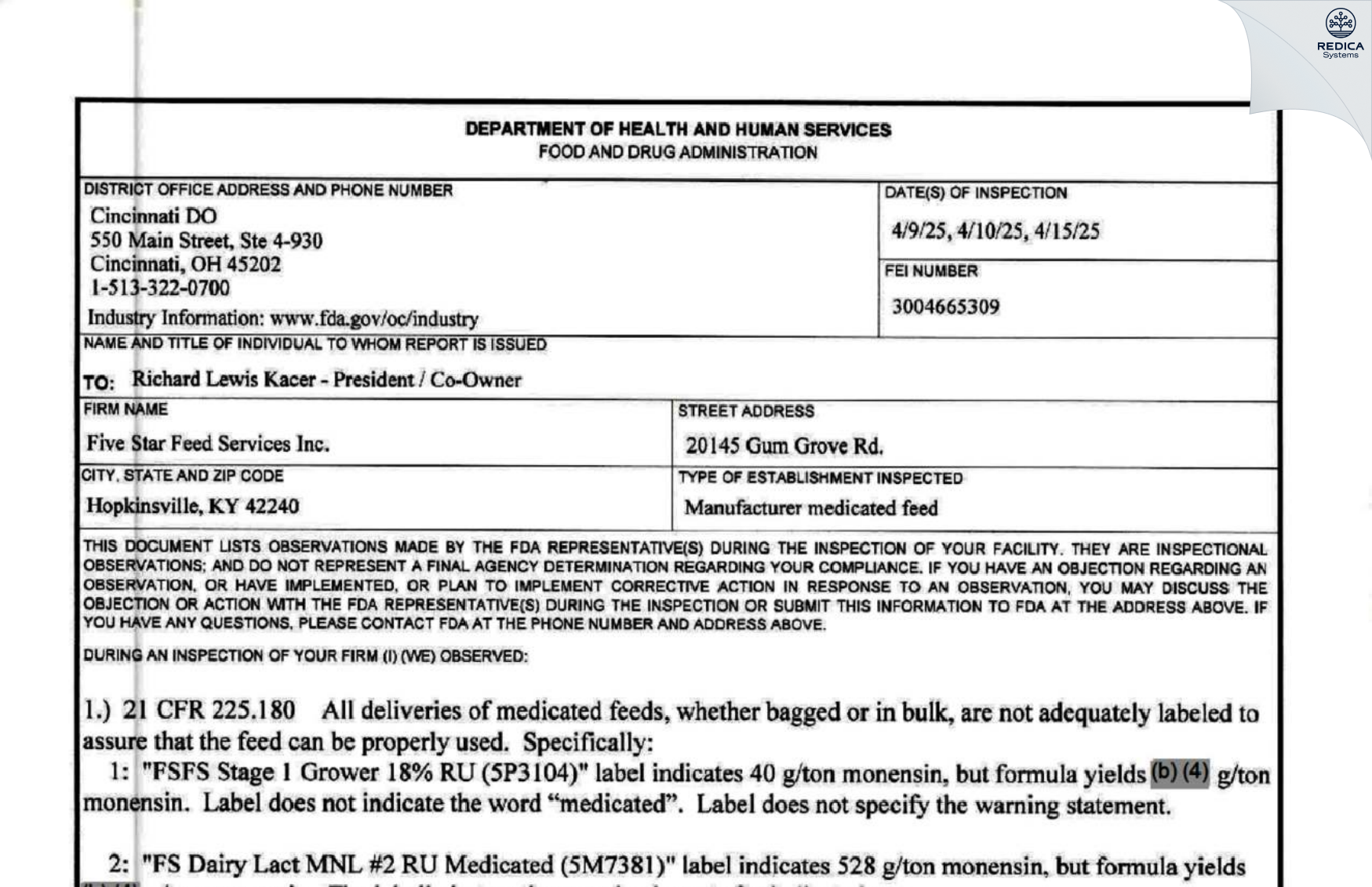 FDA 483 - Five Star Feed Services, Inc. [Hopkinsville / United States of America] - Download PDF - Redica Systems