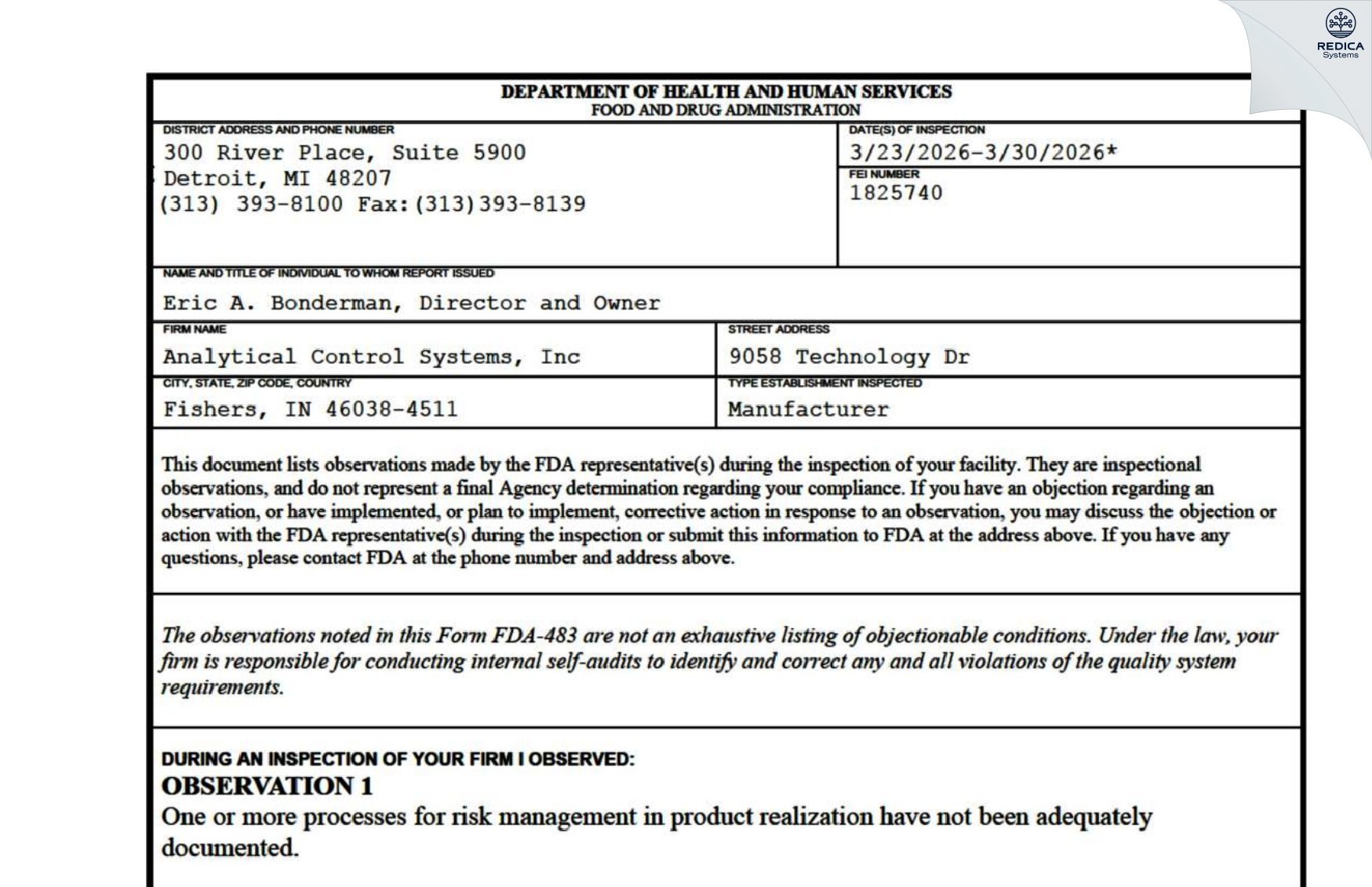 FDA 483 - Analytical Control Systems, Inc [Fishers / United States of America] - Download PDF - Redica Systems