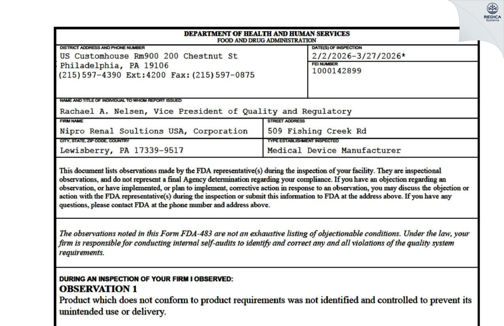 FDA 483 - Nipro Renal Soultions USA, Corporation [Lewisberry / United States of America] - Download PDF - Redica Systems