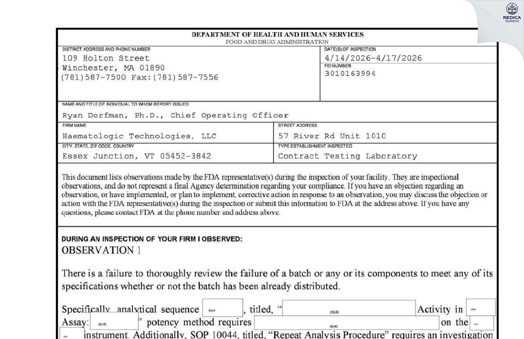 FDA 483 - Haematologic Technologies, LLC dba Prolytix [Essex Junction / United States of America] - Download PDF - Redica Systems