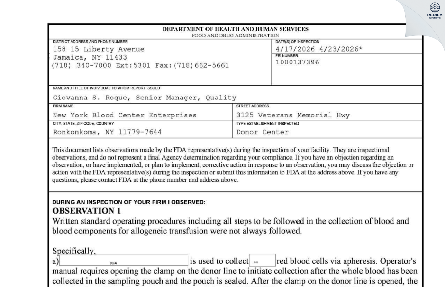 FDA 483 - New York Blood Center Enterprises [Ronkonkoma / United States of America] - Download PDF - Redica Systems