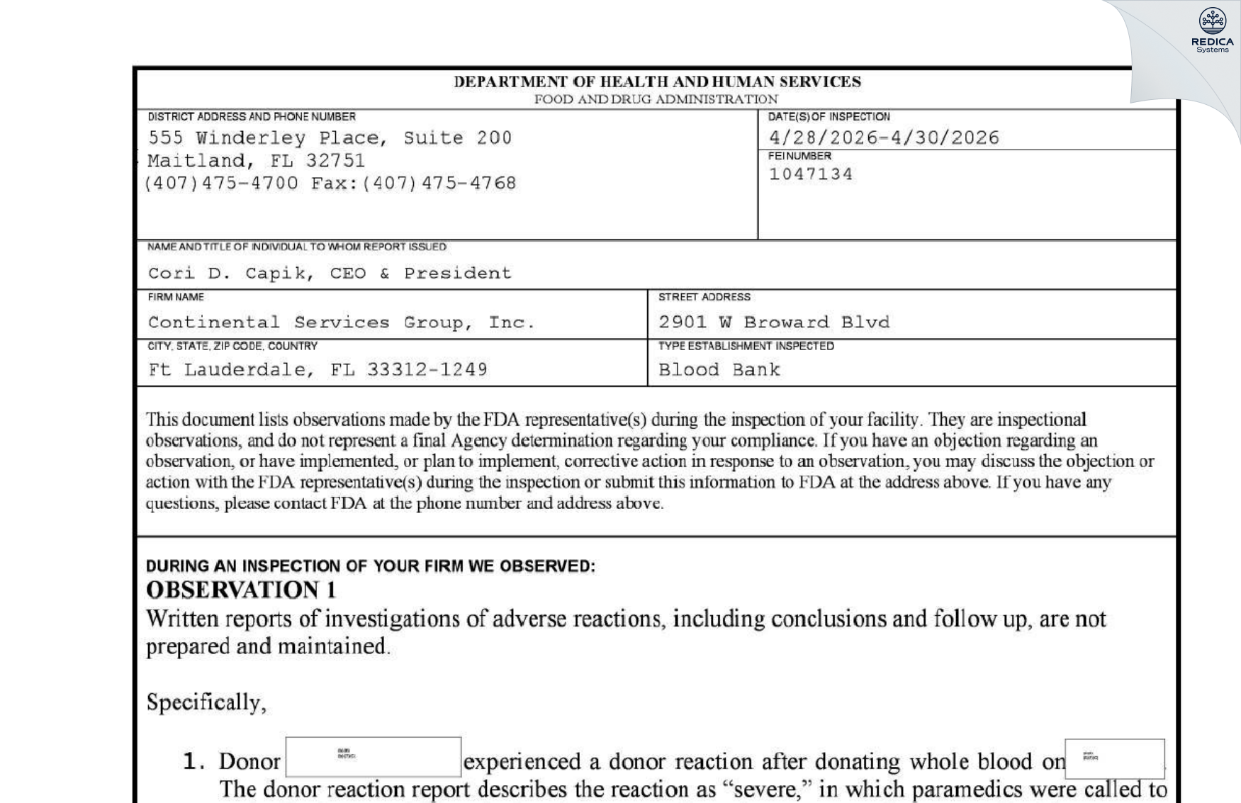 FDA 483 - Continental Services Group, Inc. [Fort Lauderdale / United States of America] - Download PDF - Redica Systems