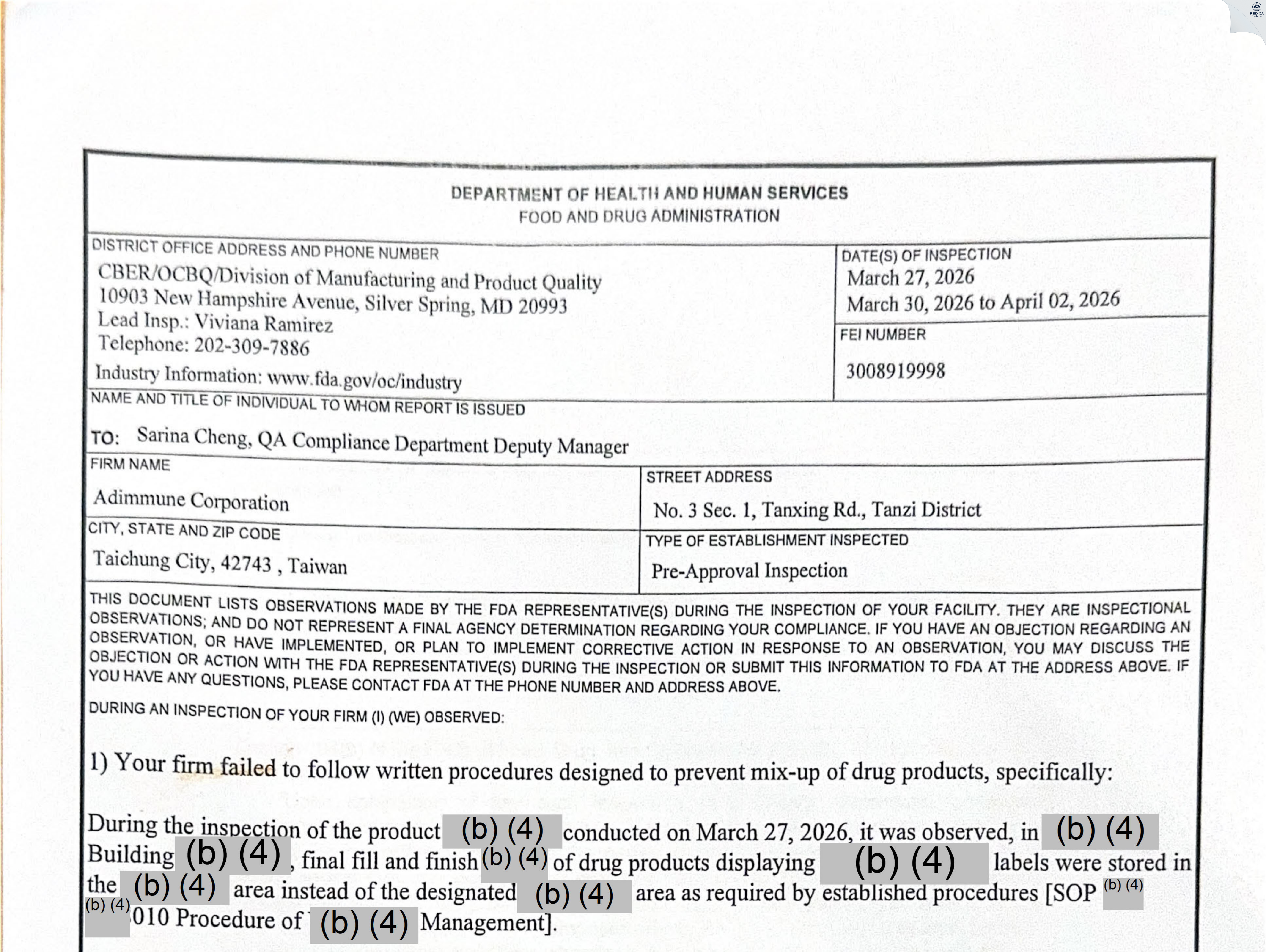 FDA 483 - ADIMMUNE CORPORATION [Tanzi District / Taiwan] - Download PDF - Redica Systems