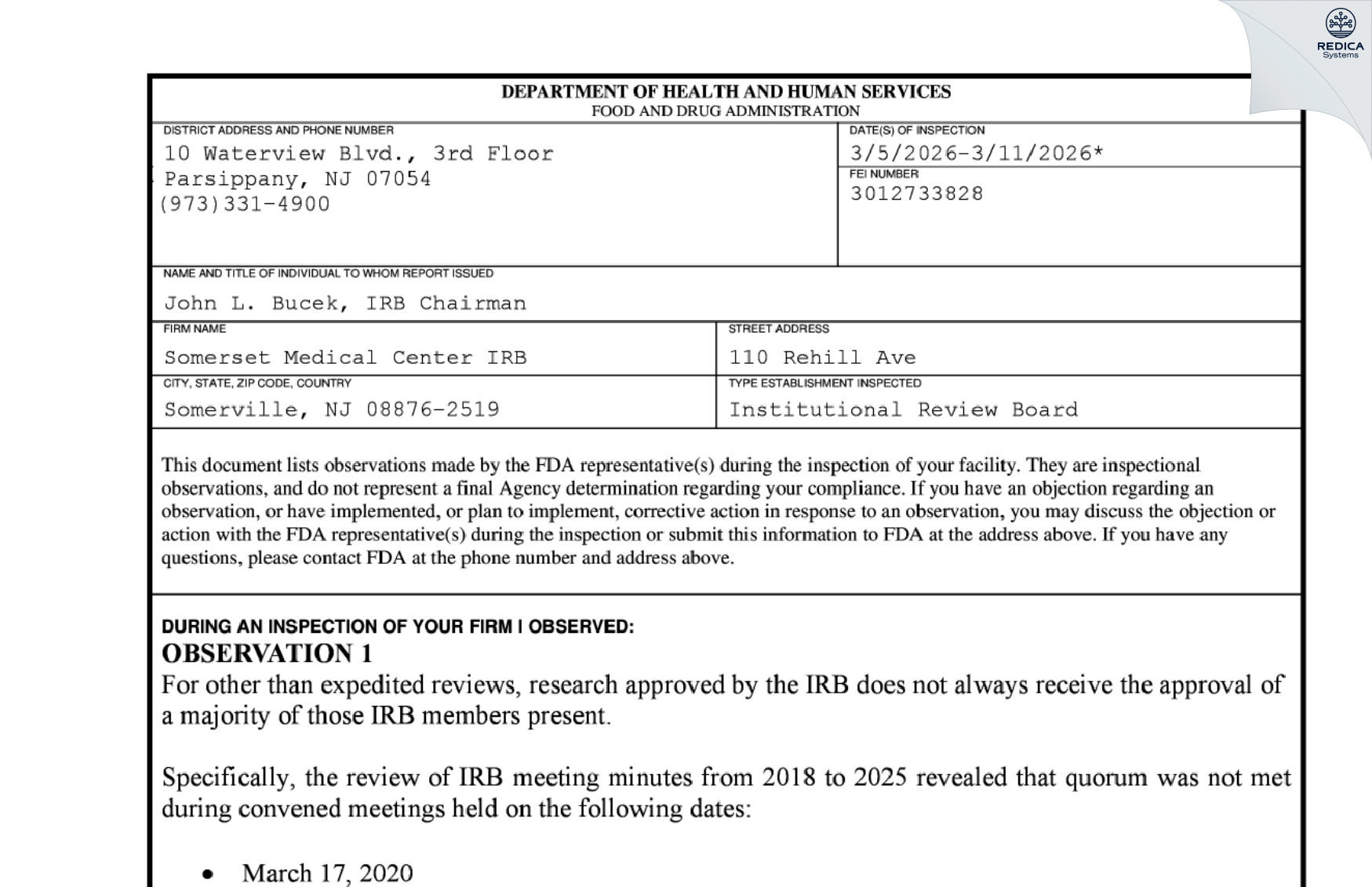 FDA 483 - Somerset Medical Center IRB [Somerville / United States of America] - Download PDF - Redica Systems