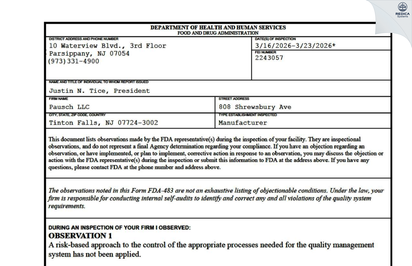 FDA 483 - Pausch LLC [Tinton Falls / United States of America] - Download PDF - Redica Systems