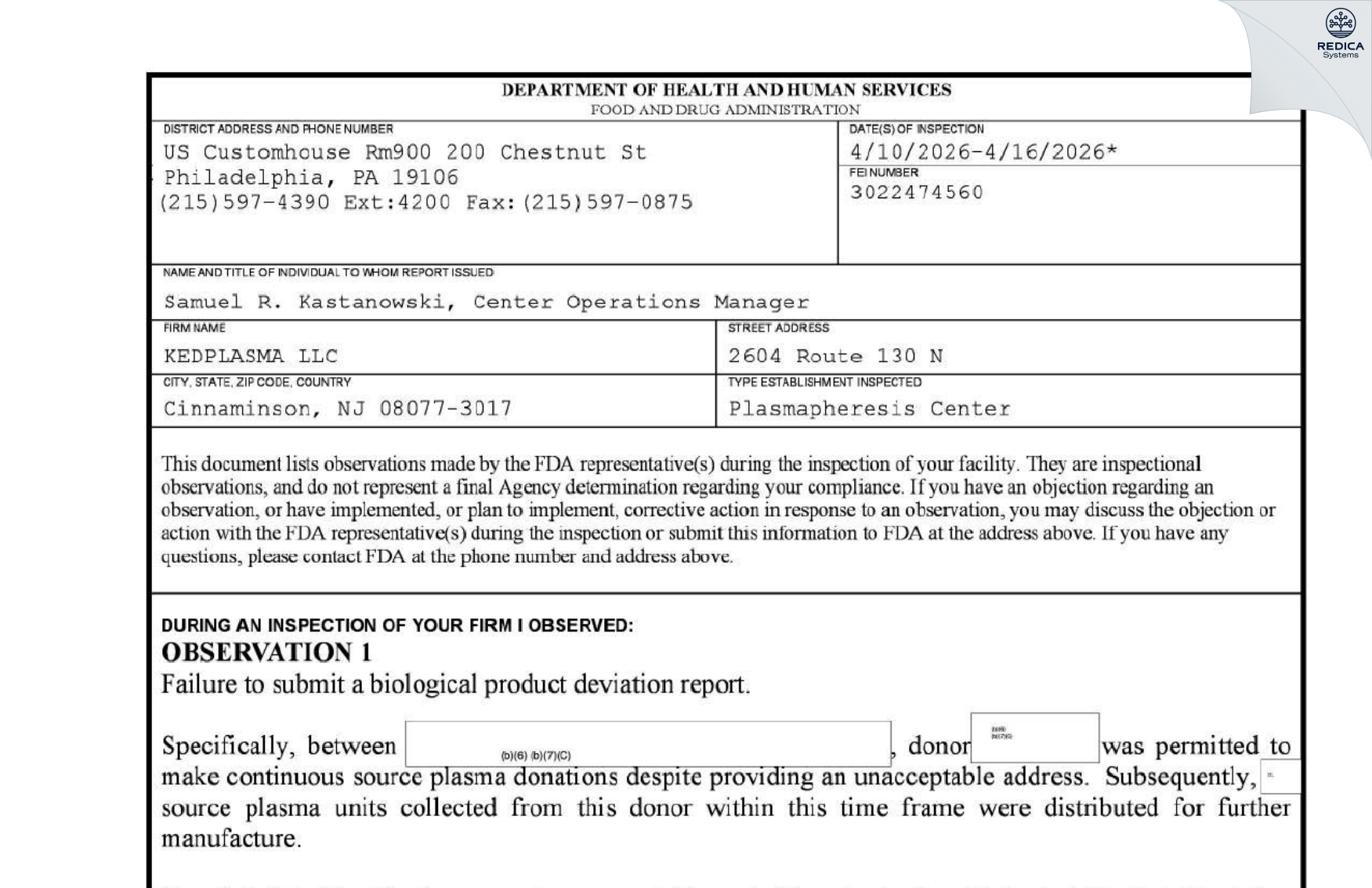 FDA 483 - KEDPLASMA LLC [Cinnaminson / United States of America] - Download PDF - Redica Systems
