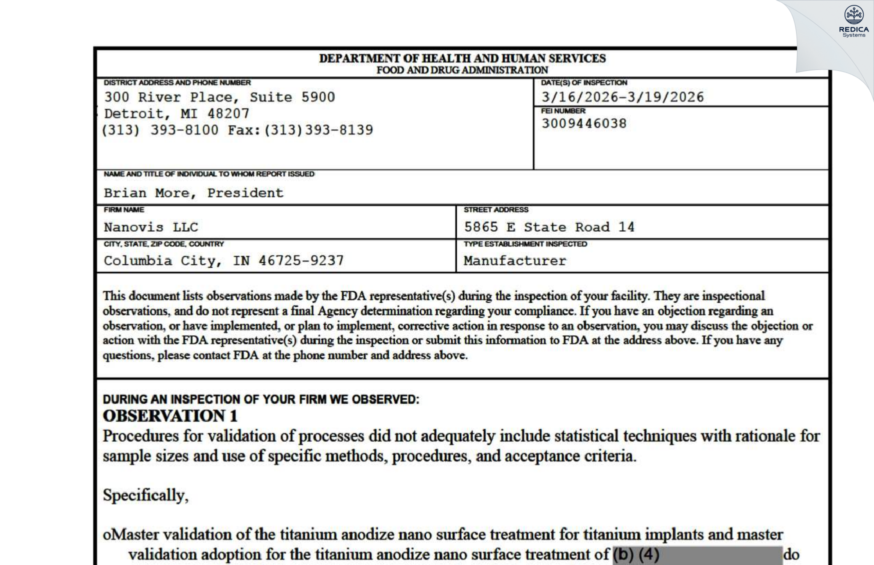 FDA 483 - Nanovis LLC [Columbia City / United States of America] - Download PDF - Redica Systems