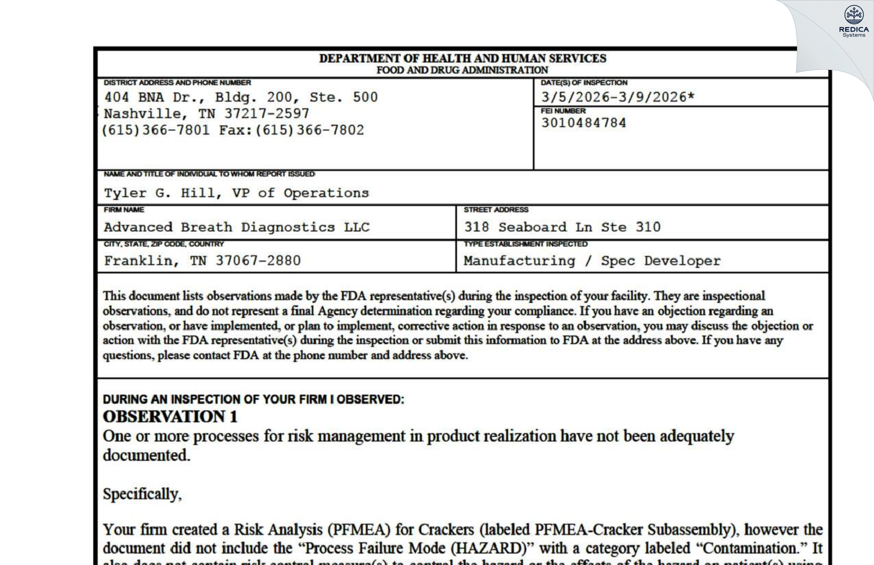 FDA 483 - Advanced Breath Diagnostics, LLC dba Spirulina Production Facility [Franklin / United States of America] - Download PDF - Redica Systems
