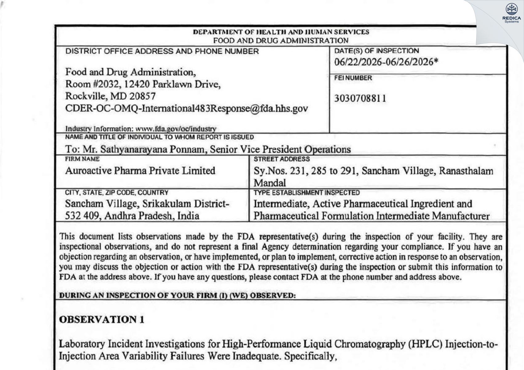 FDA 483 - Auroactive Pharma Private Limited [Ranastalam / India] - Download PDF - Redica Systems