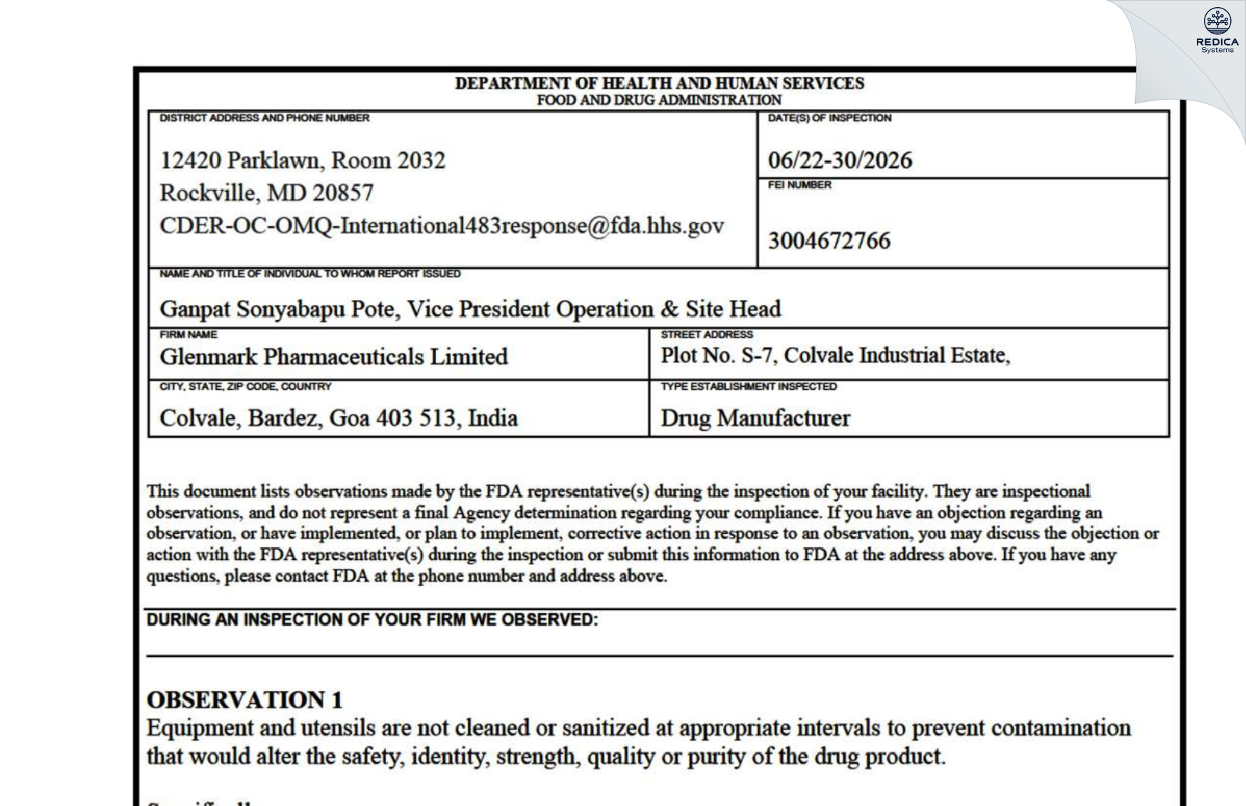 FDA 483 - Glenmark Pharmaceuticals Limited [Bardez / India] - Download PDF - Redica Systems