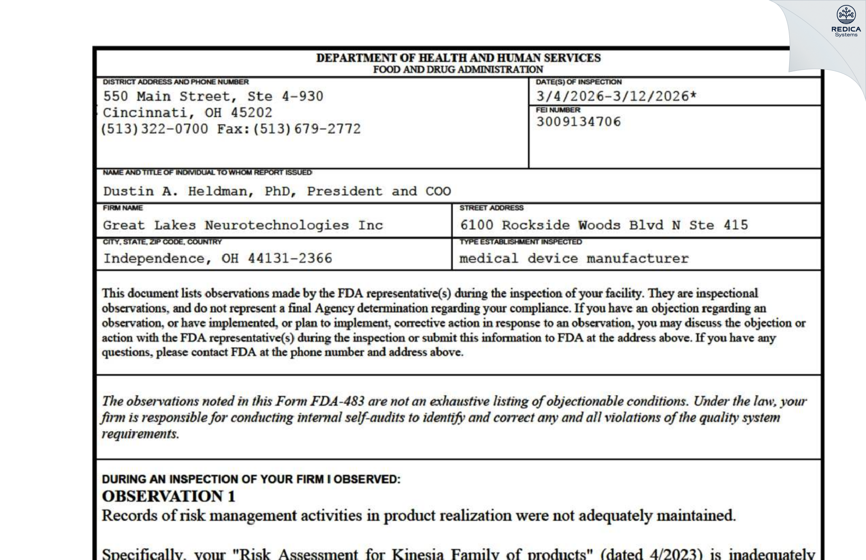 FDA 483 - Great Lakes Neurotechnologies Inc [Independence / United States of America] - Download PDF - Redica Systems