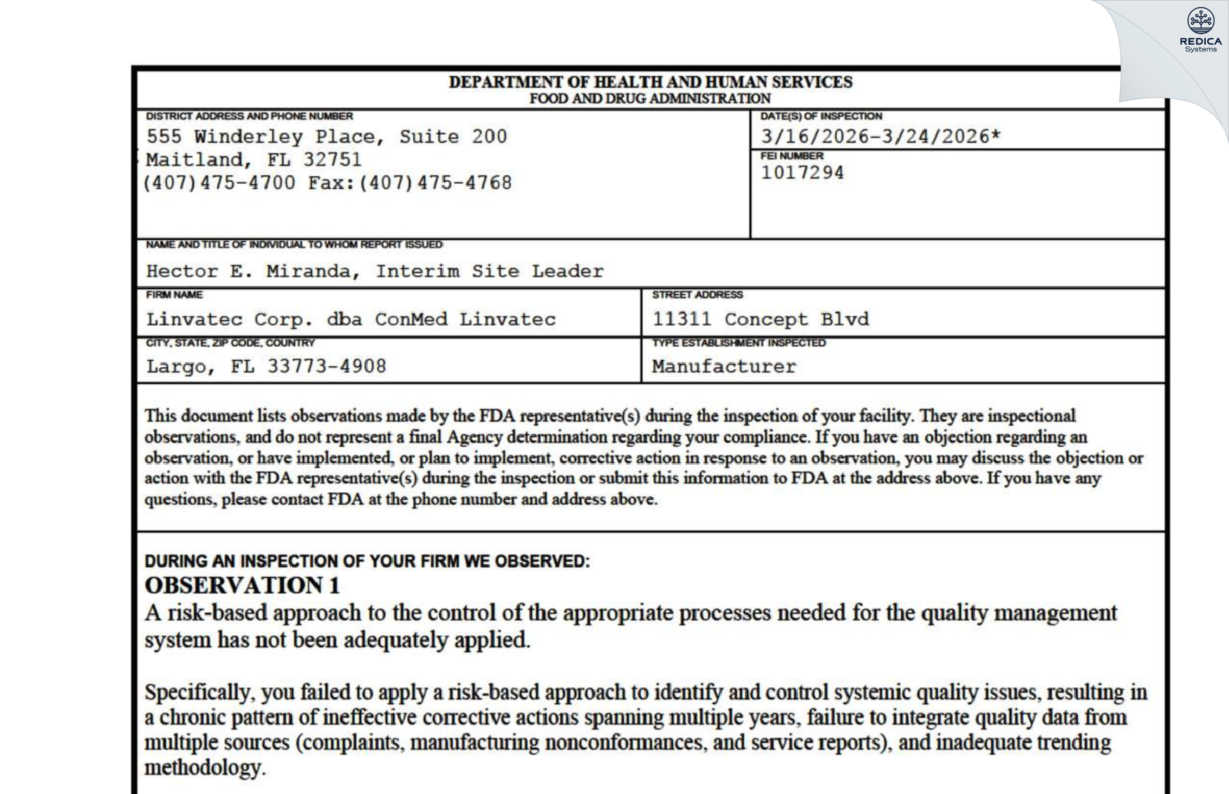 FDA 483 - Linvatec Corp. dba ConMed Linvatec [Largo / United States of America] - Download PDF - Redica Systems