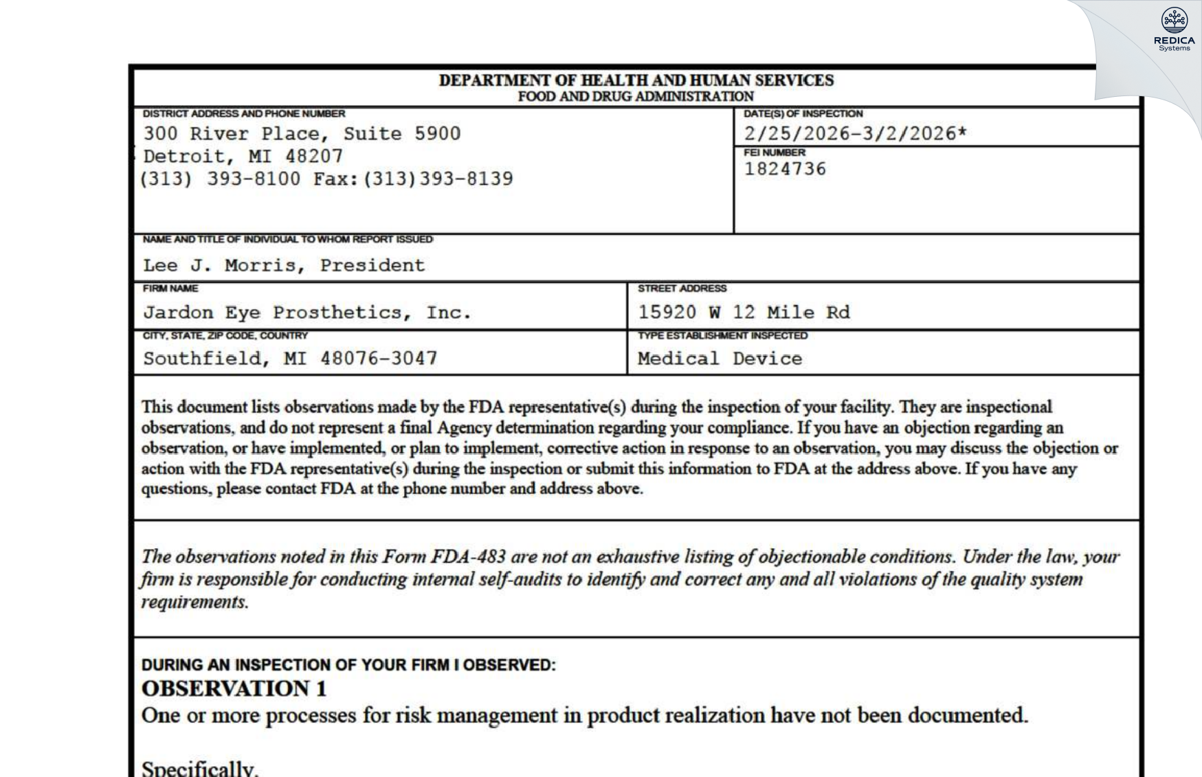 FDA 483 - Jardon Eye Prosthetics, Inc. [Southfield / United States of America] - Download PDF - Redica Systems