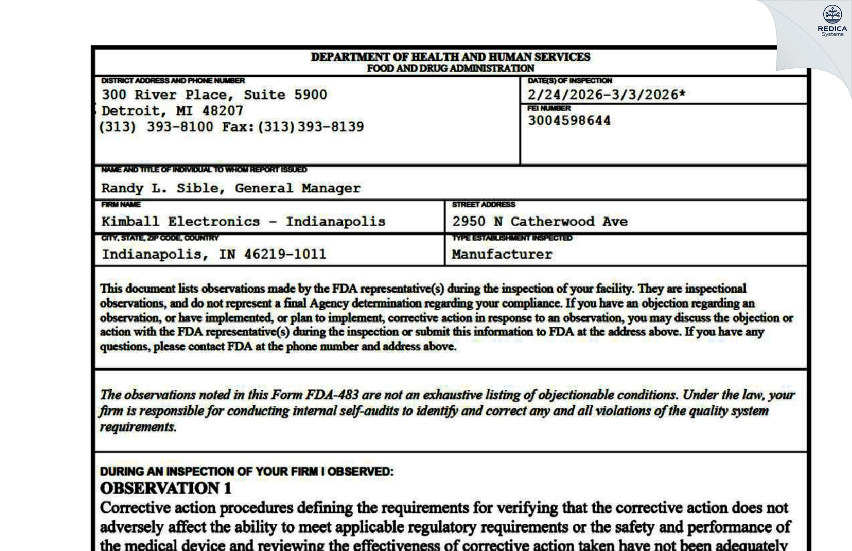 FDA 483 - Kimball Electronics Indianapolis, Inc. [Indianapolis / United States of America] - Download PDF - Redica Systems