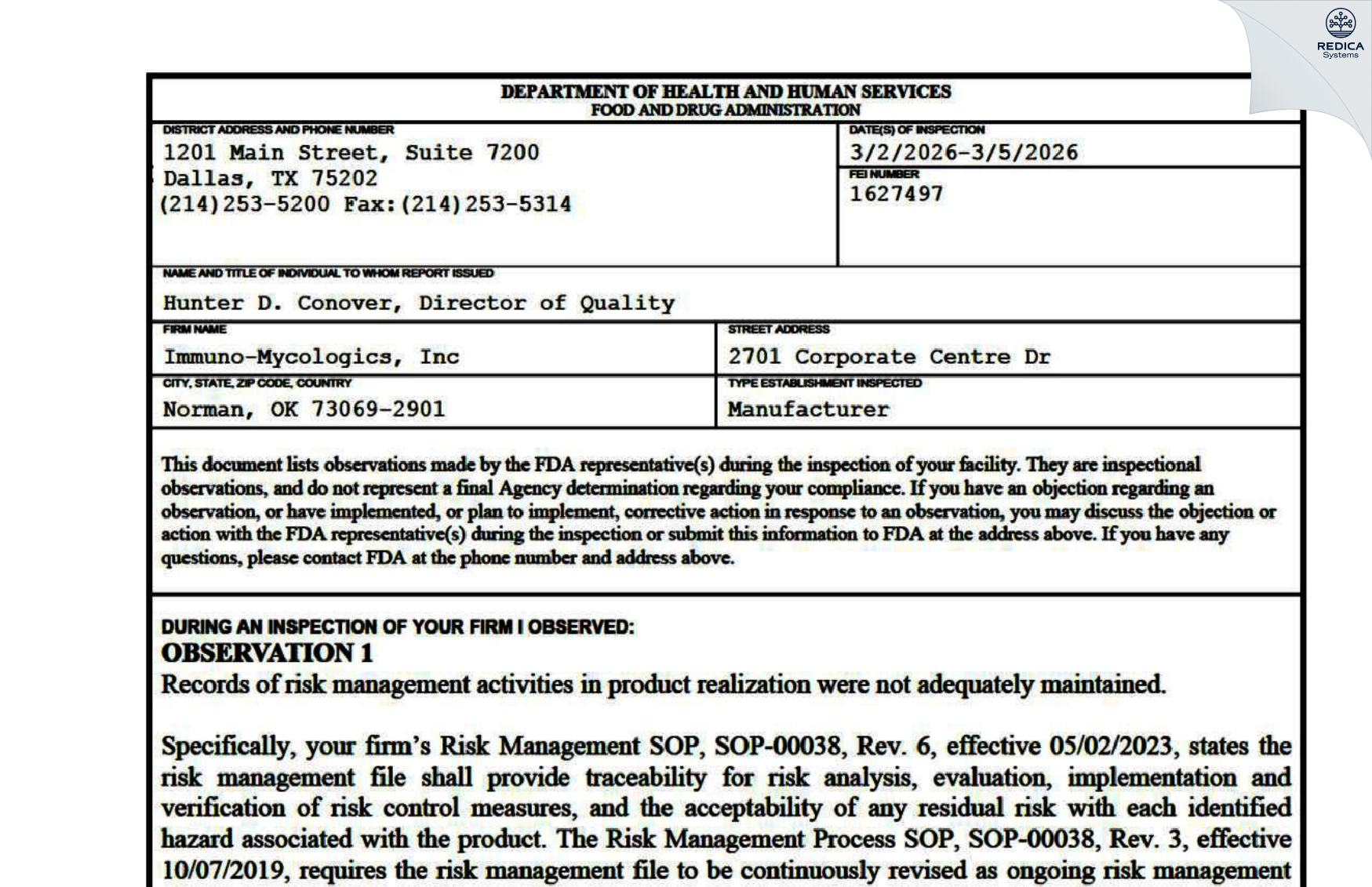 FDA 483 - Immuno-Mycologics, Inc [Norman / United States of America] - Download PDF - Redica Systems