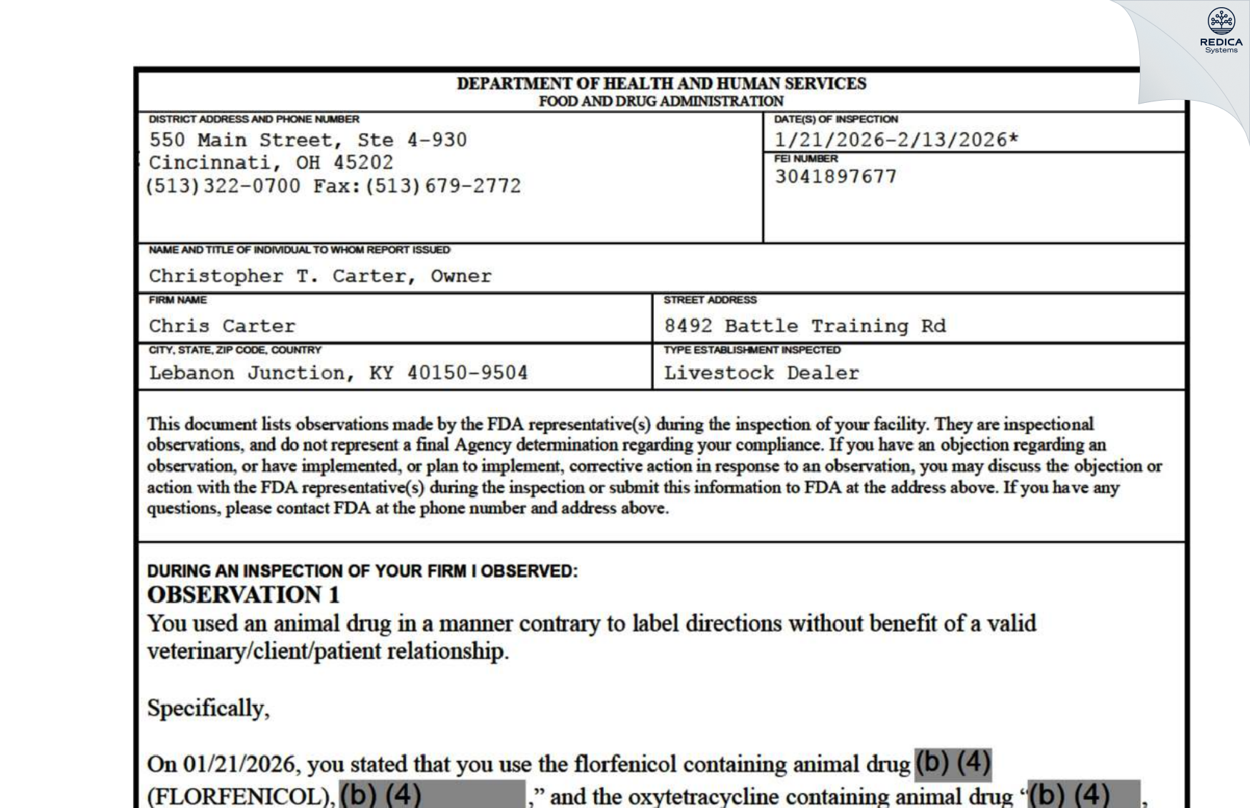 FDA 483 - S&C Livestock, LLC [Lebanon Junction / United States of America] - Download PDF - Redica Systems
